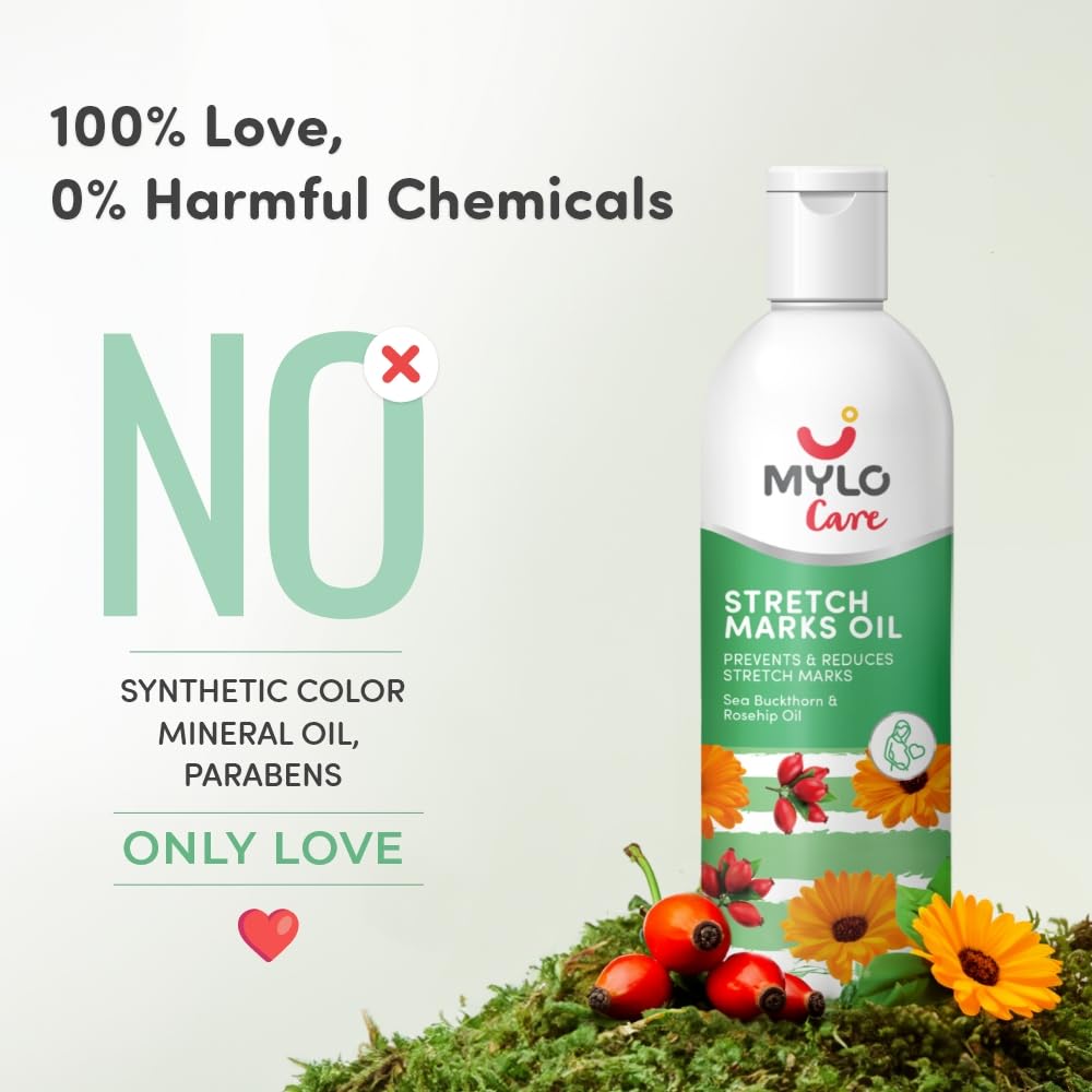 **Mylo Care Stretch Marks Oil with Sea Buckthorn, Rosehip, Argan & Coconut Oil – Vitamin E Oil for Scars & Stretch Mark Removal – Natural Skin Care Solution for Pregnant Women & Postpartum – 100ml – Perfect for Pregnancy, Postpartum & Daily Skin Hydration**