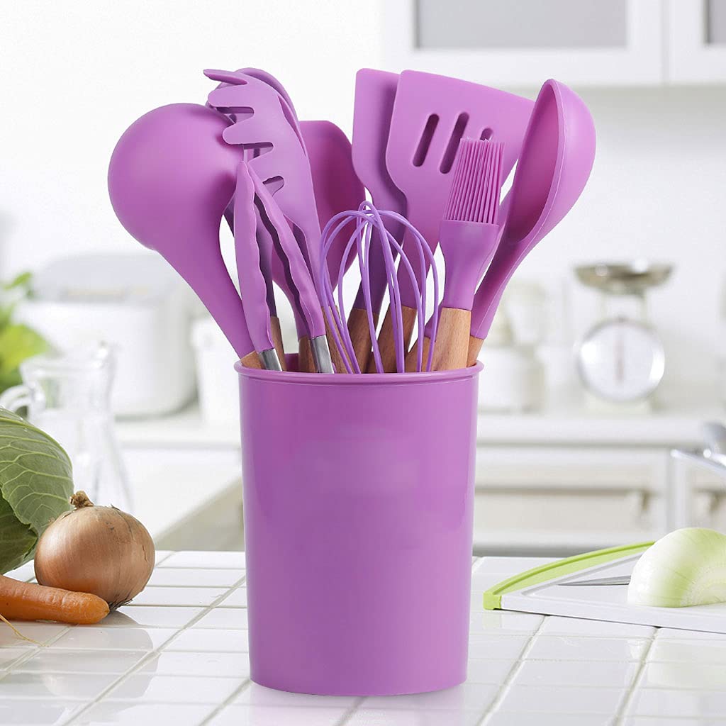 WEIXINYU 12-Piece Non-Stick Silicone Kitchen Utensil Set with Wooden Handles - BPA Free Cooking Tools for Baking, Frying & Stirring - Perfect for Nonstick Cookware, Pots & Pans