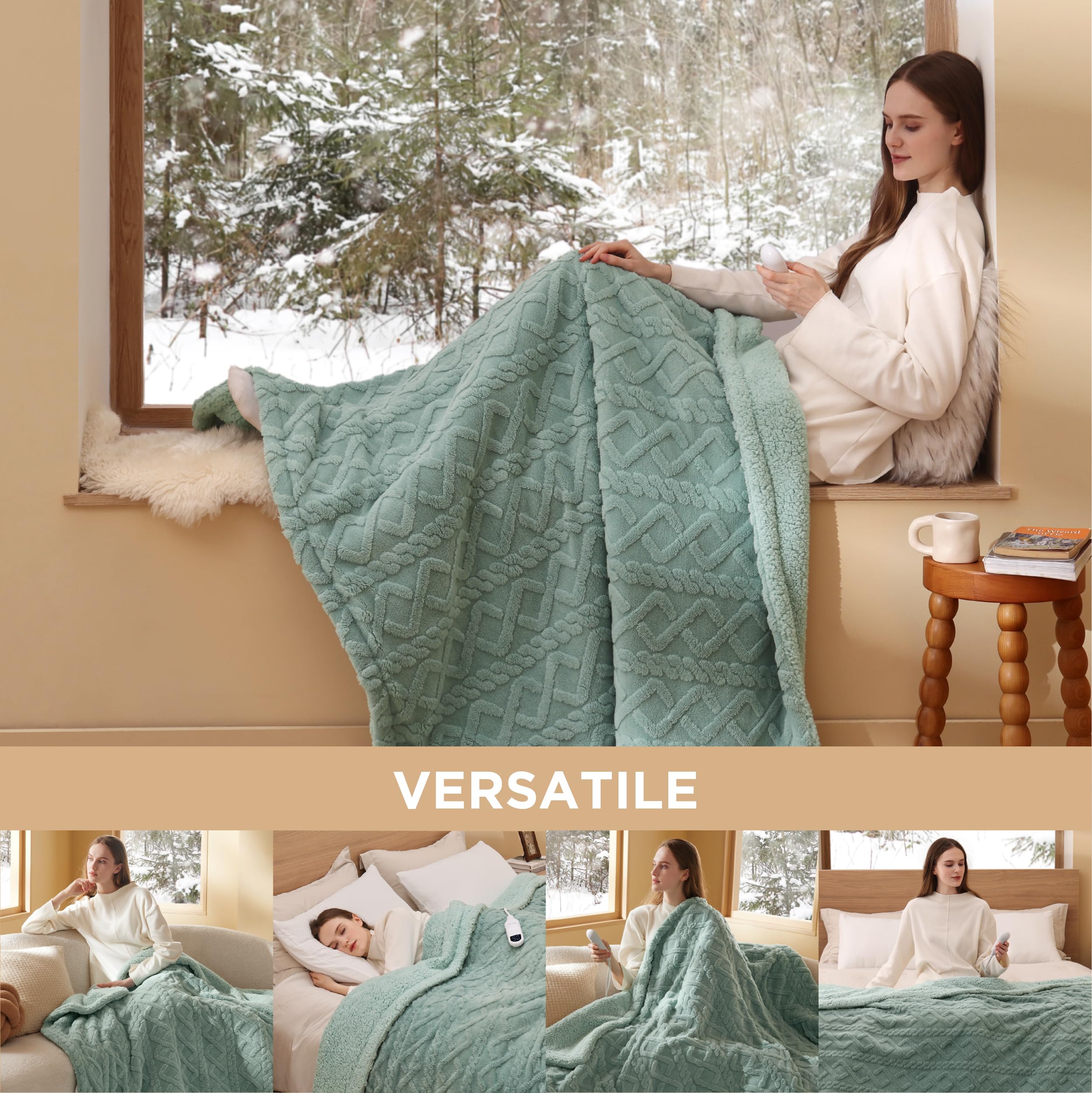 Bedsure Full Size Electric Heated Blanket - 72x84 Inch Jacquard Sherpa Heating Blanket with 6 Heat Levels & 10 Timer Settings, Ultra Soft Fluffy Warm Blanket for Winter (Sage Green) - Perfect for Bed, Couch & Home Office Use
