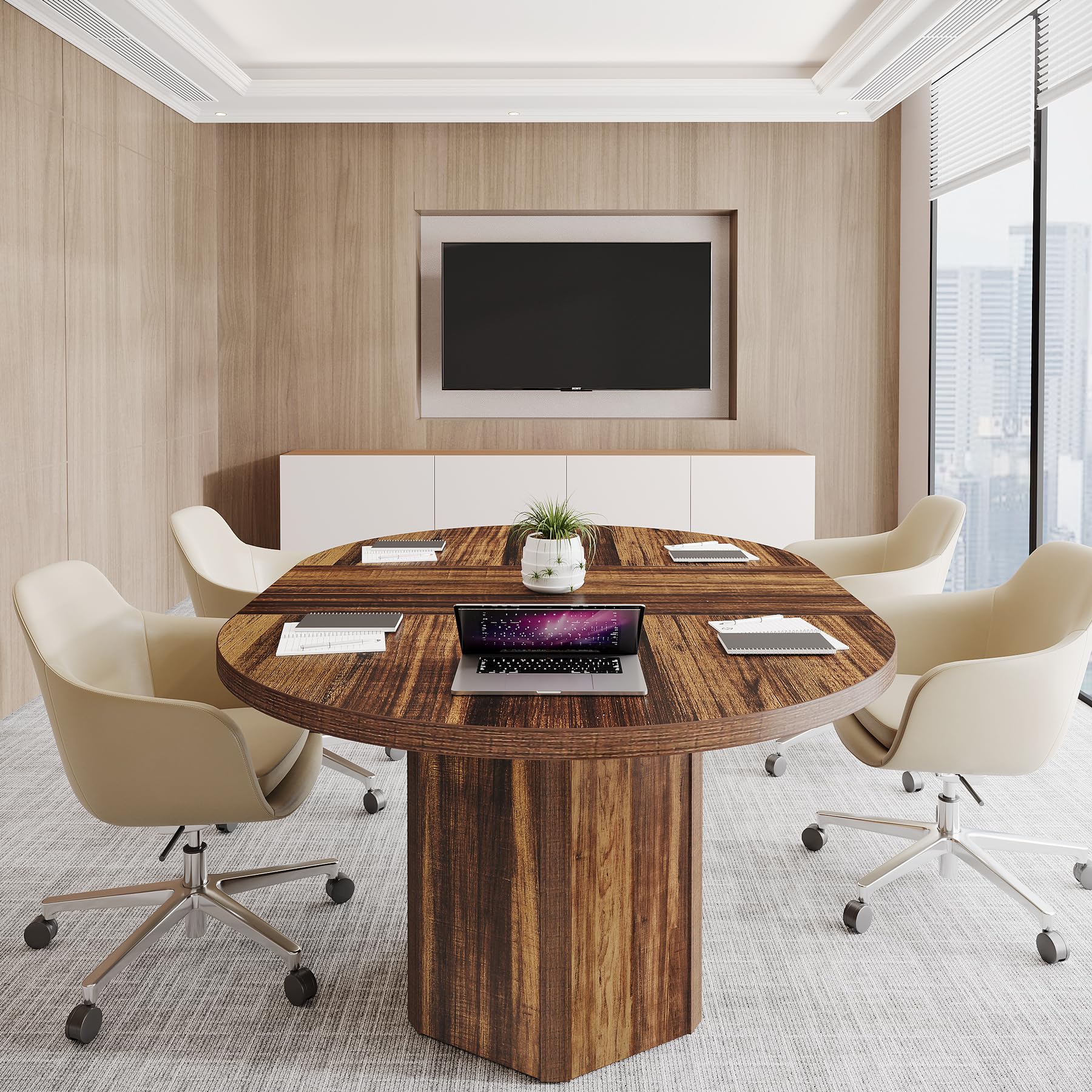 Tribesigns 55.12 Inch Oval Conference Table - Rustic Brown Wood Meeting Table for 4-6 People, Polygon Base Office Desk for Conference Rooms, Break Rooms & Small Seminars | Perfect for Business Meetings, Team Collaboration & Office Workspaces