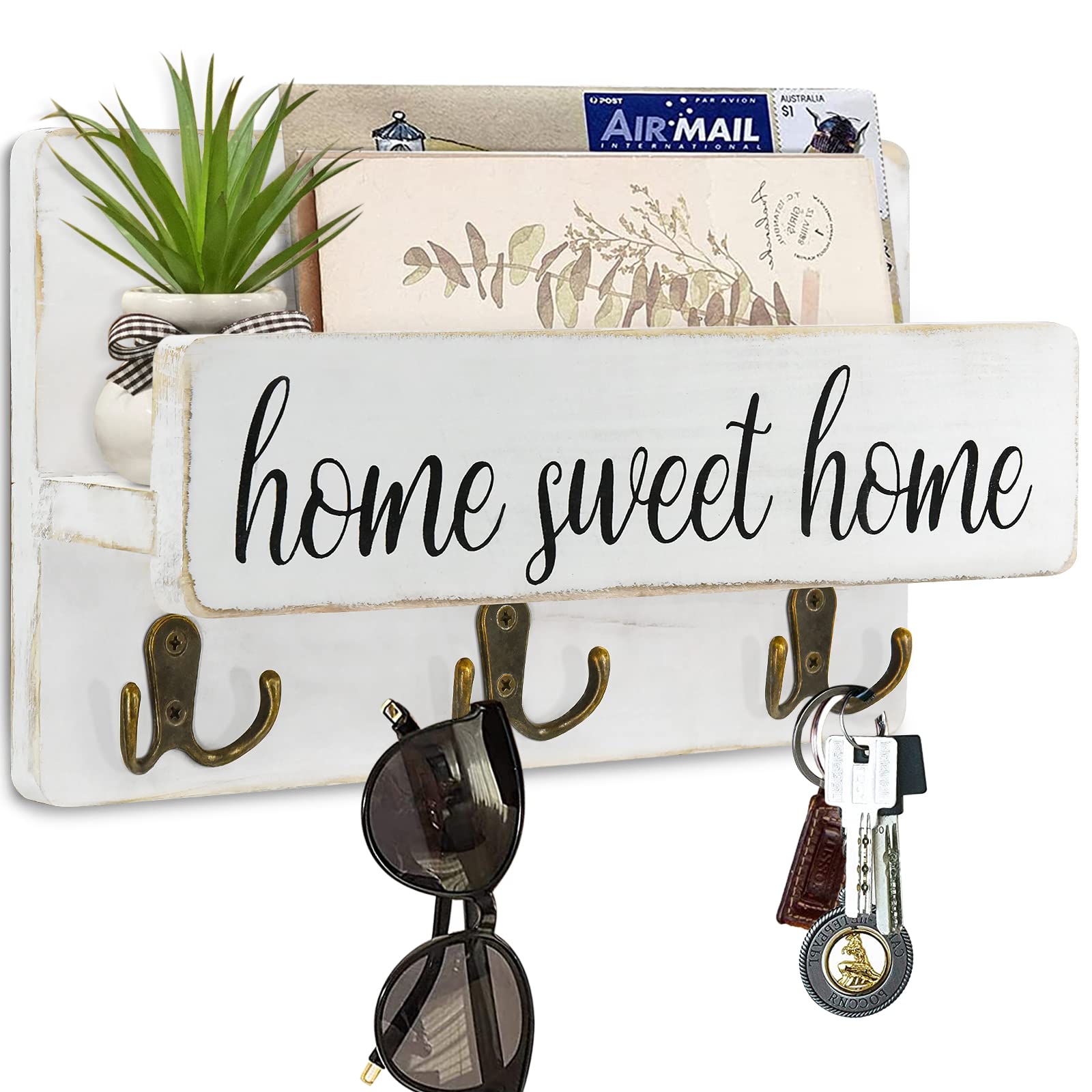 Farmhouse Wall Key Holder with Shelf - Entryway Mail Organizer for Home Decor