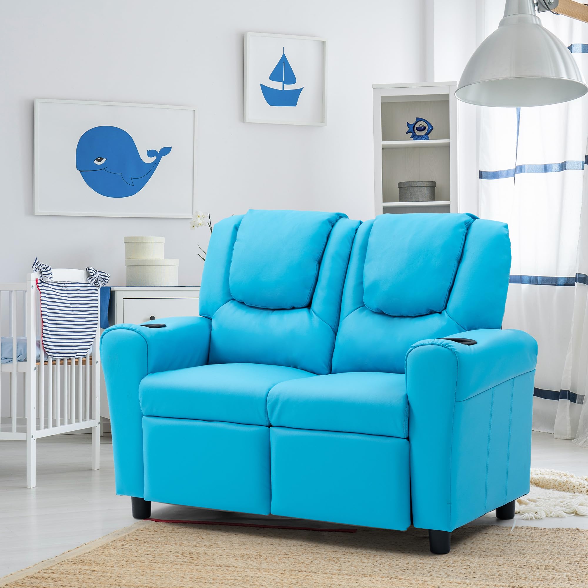 AVAWING Double Toddler Recliner Chair for Kids Age 1-4 - Adjustable Footrest & Headrest, Faux Leather Kids Loveseat Sofa with Cup Holders - Perfect for Playroom, Nursery, or Family Room (Blue)