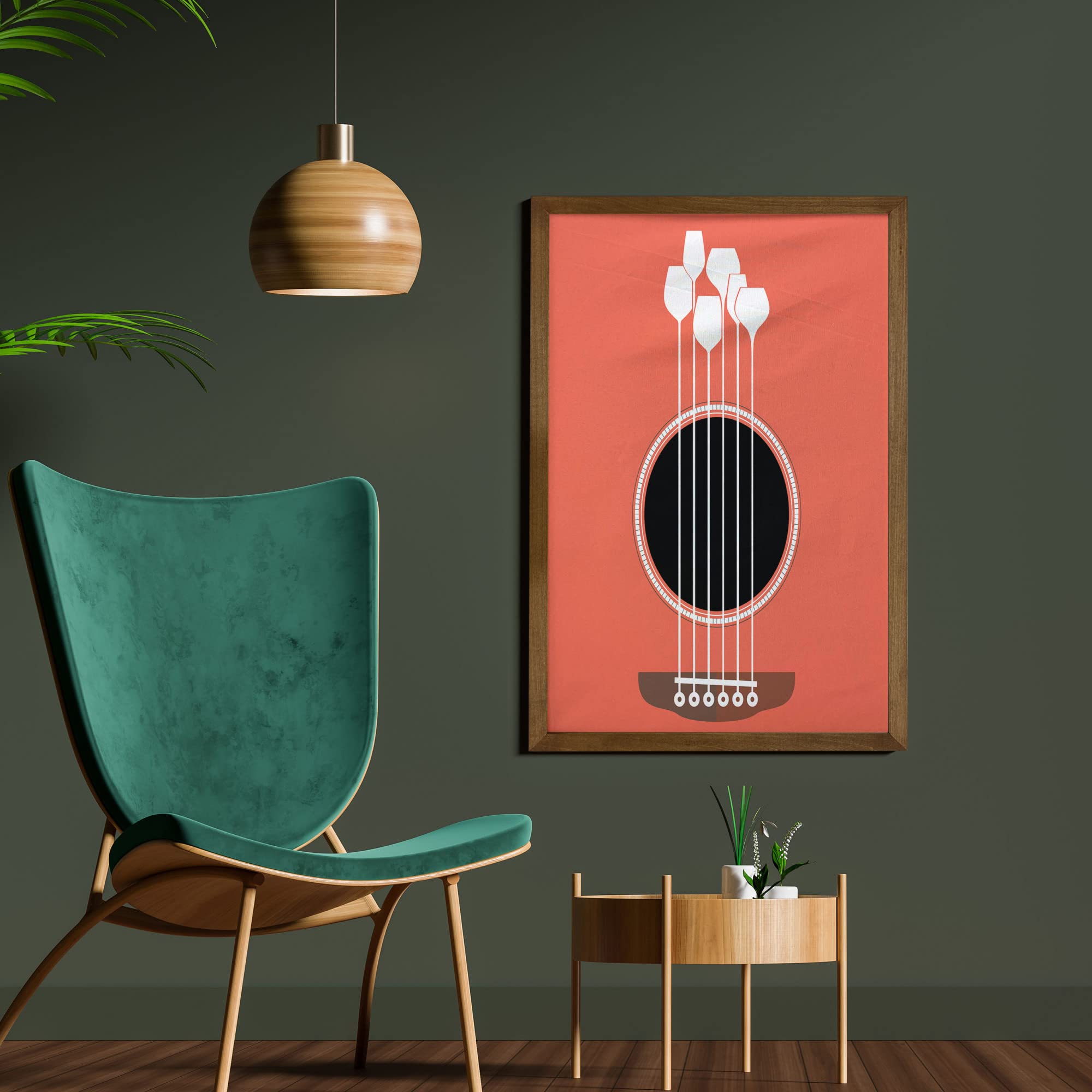 Ambesonne Framed Wall Art - Acoustic Guitar & Wine Glasses Musical Design, Teak Wood Frame Fabric Decor (23
