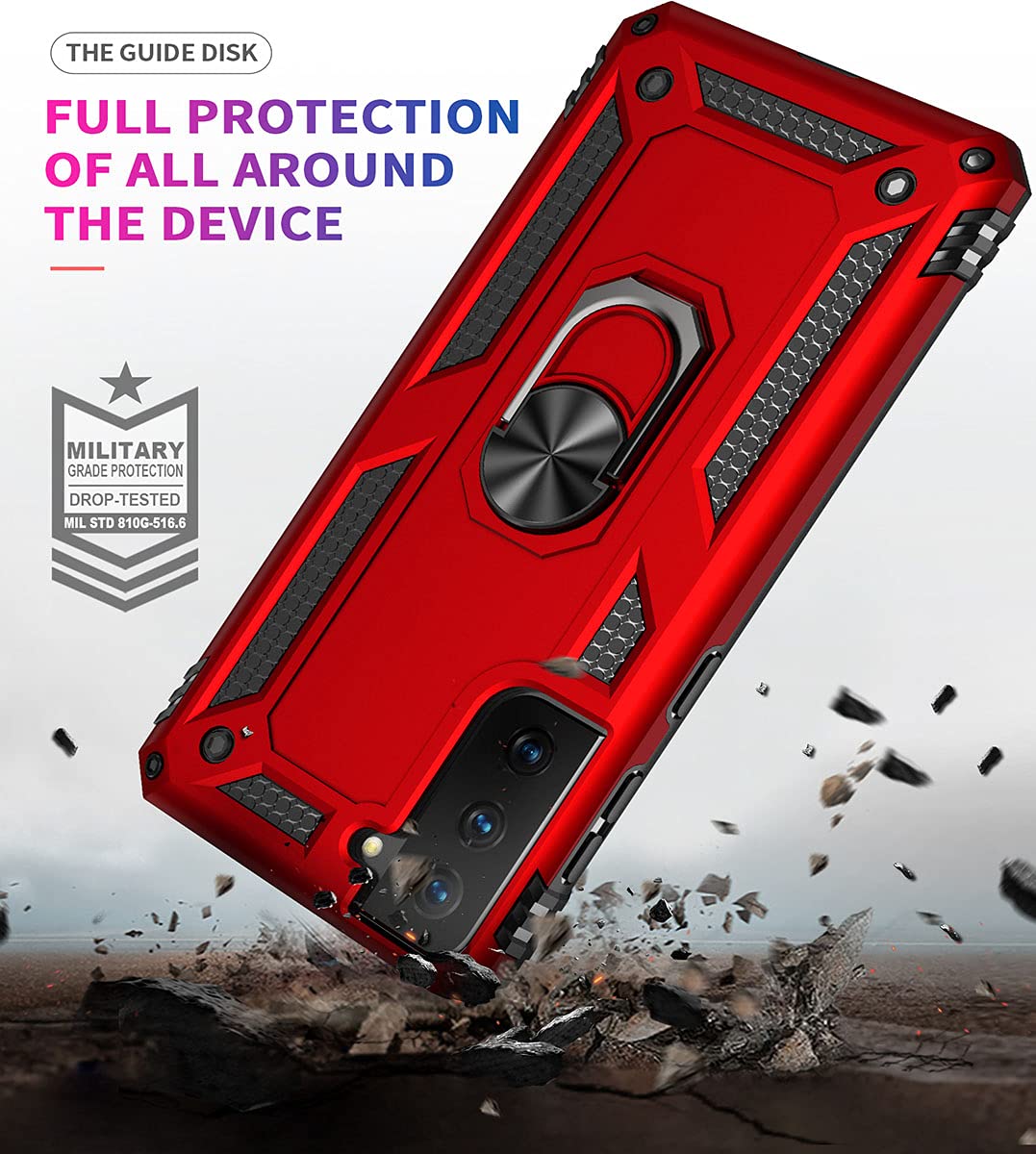 **Military Grade Protective Case for Samsung Galaxy S21 FE with Ring Car Mount & Kickstand - Shockproof Cover for Everyday Use, Travel & Outdoor Activities - Red**