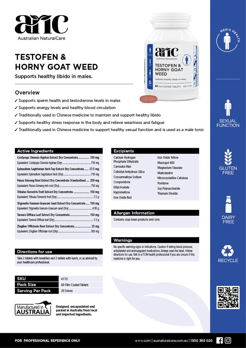 Australian Natural Care Testofen & Horny Goat Weed Supplement - 60 Tablets for Men's Libido & Vitality - Supports Energy, Stamina & Sexual Health - Perfect for Daily Wellness Routine