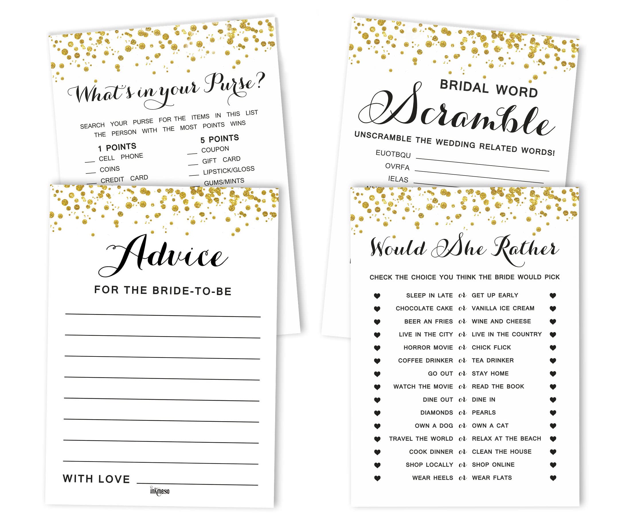 Bachelorette Party Game Set - 4 Gold Confetti Games (50 Sheets Each) | Fun Bridal Shower Activities for Girls Night & Wedding Celebrations