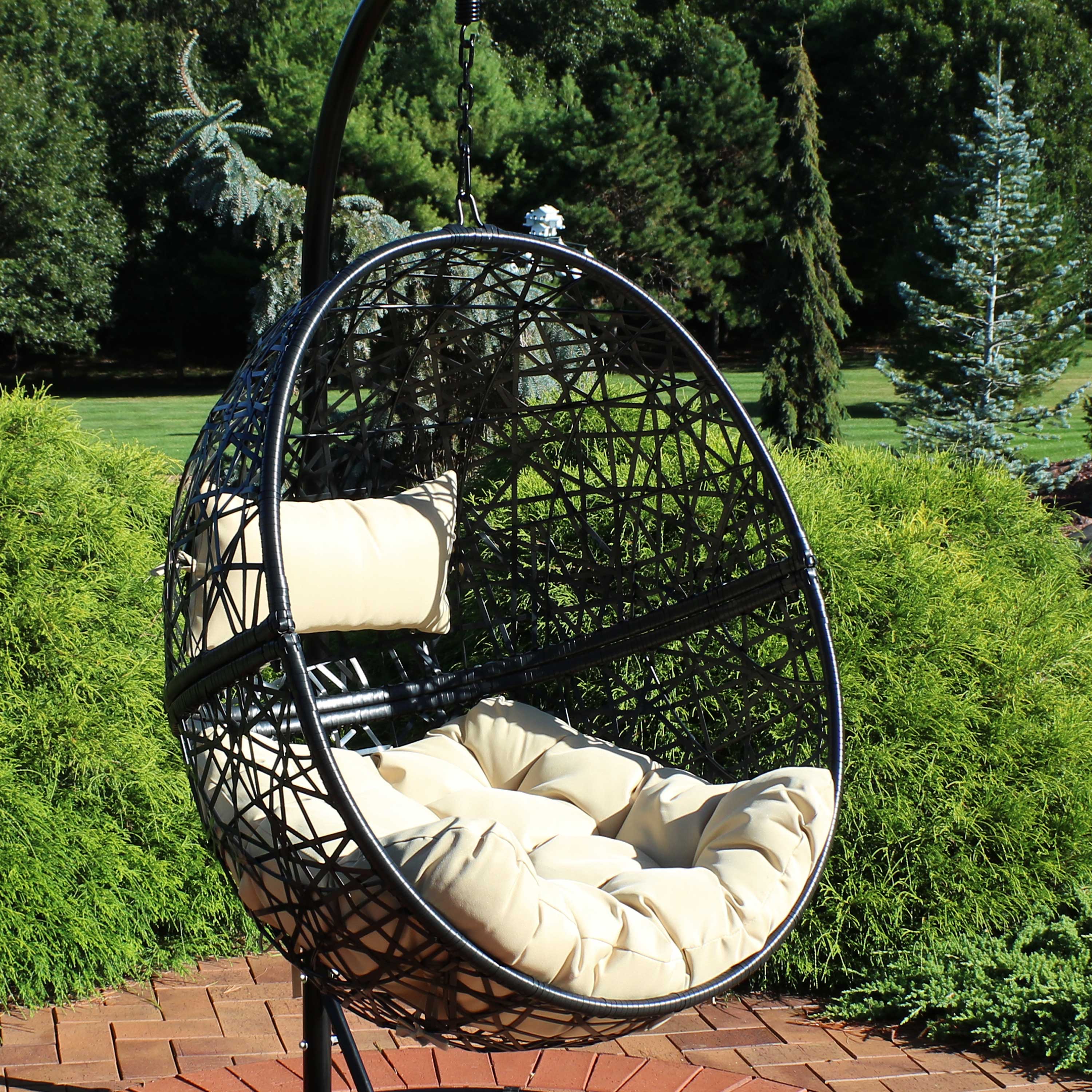 Sunnydaze Jackson Outdoor Hanging Resin Wicker Egg Chair with Cushion - Patio, Garden & Backyard Relaxation Swing Chair for Porch, Poolside & Balcony
