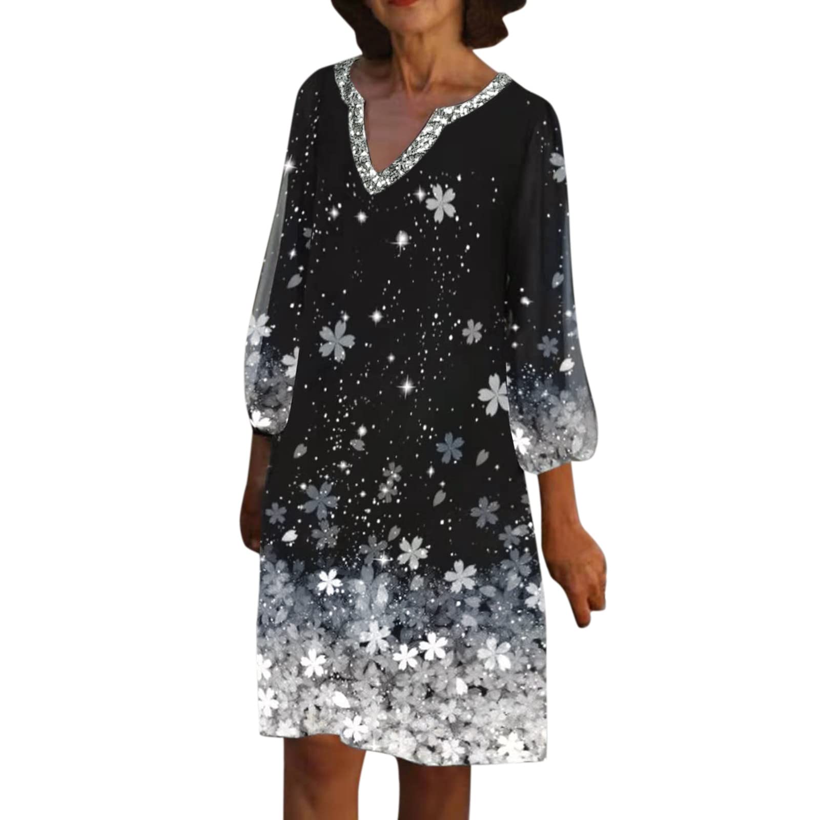 Elegant Women's Long Sleeve Lace Dress with Lantern Sleeves - Knee Length Flowy Dress for Work, Party & Special Occasions