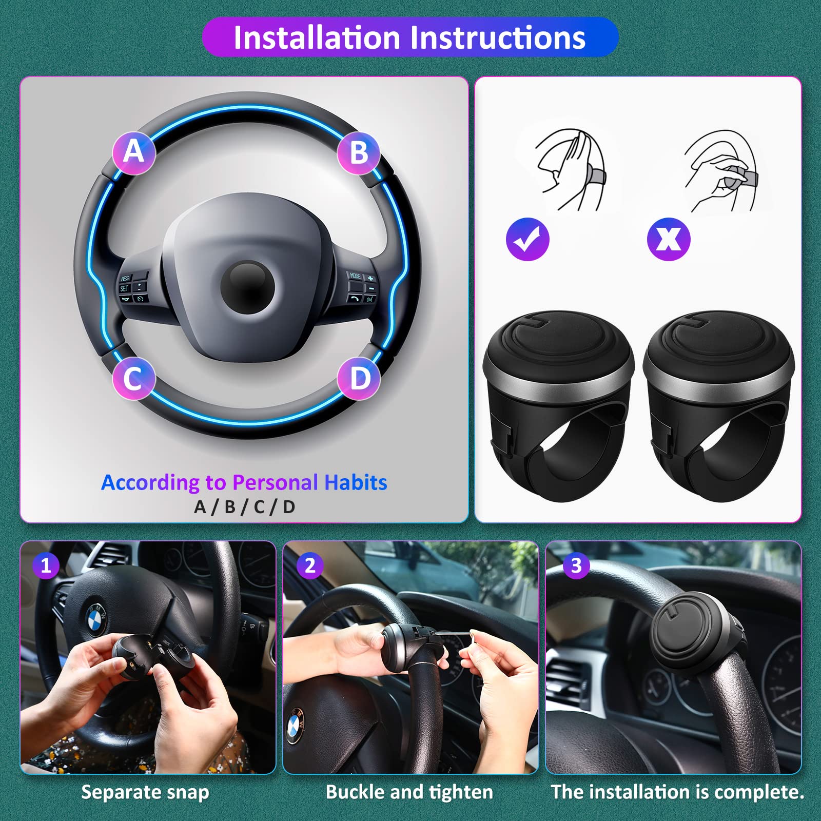 360° Rotating Steering Wheel Spinner Knob - 2 Pack with Silicone Grip & Metal Bearings for Easy Driving - Perfect for Cars, Trucks, Boats & Heavy Equipment - Enhance Maneuverability in Tight Spaces & Parking