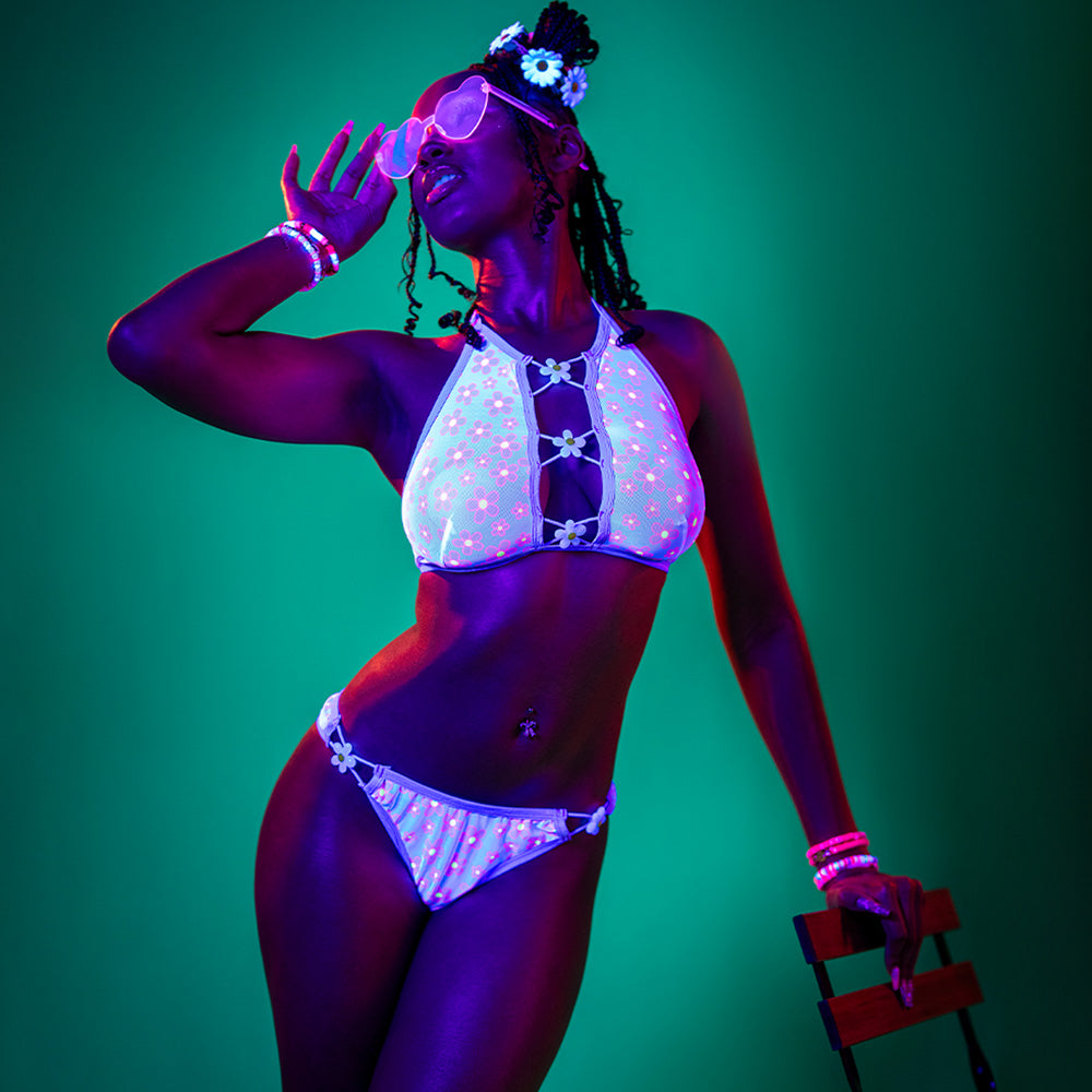 UV Reactive Daisy Charm Halter Bralette & Panty Set - Sexy Lingerie for Women, Clubwear & Festival Outfits
