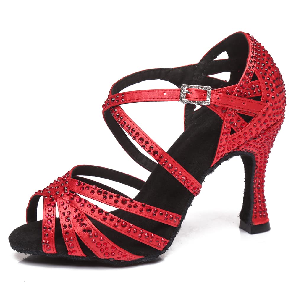 Women's Rhinestone Open Toe Salsa Ballroom Dance Heels - Elegant Performance Shoes for Latin, Ballroom, and Social Dancing