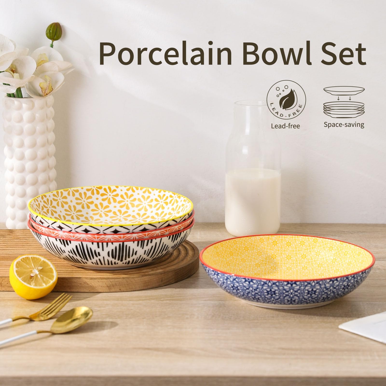 33oz Large Pasta Bowls Set of 4 - Stoneware Serving Bowls for Salad, Soup, Fruit | Microwave & Dishwasher Safe | 8.5