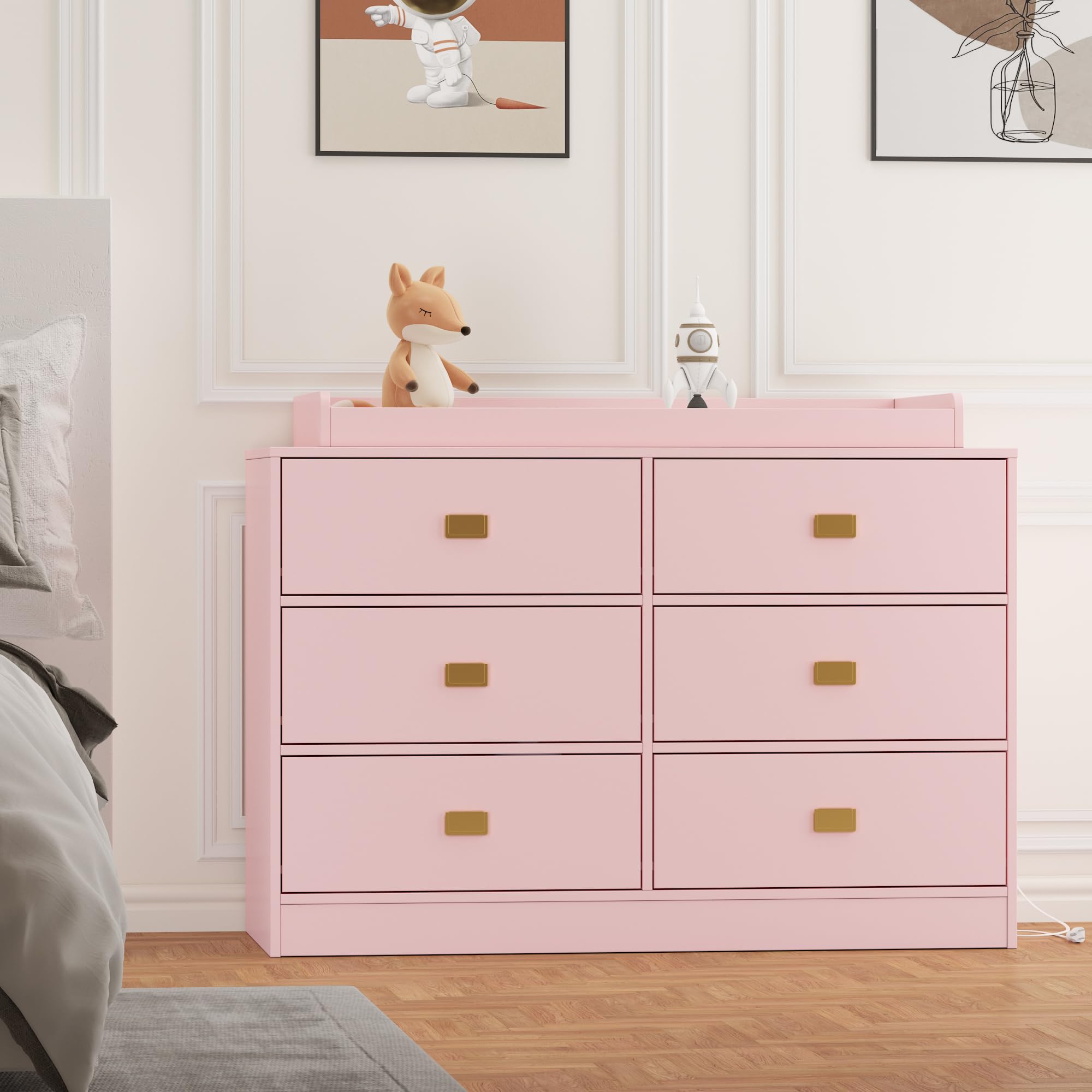 6-Drawer Nursery Dresser with Changing Table Top - Pink Baby Storage Organizer with Power Outlets & Removable Top | Perfect for Infant Bedrooms & Nursery Organization
