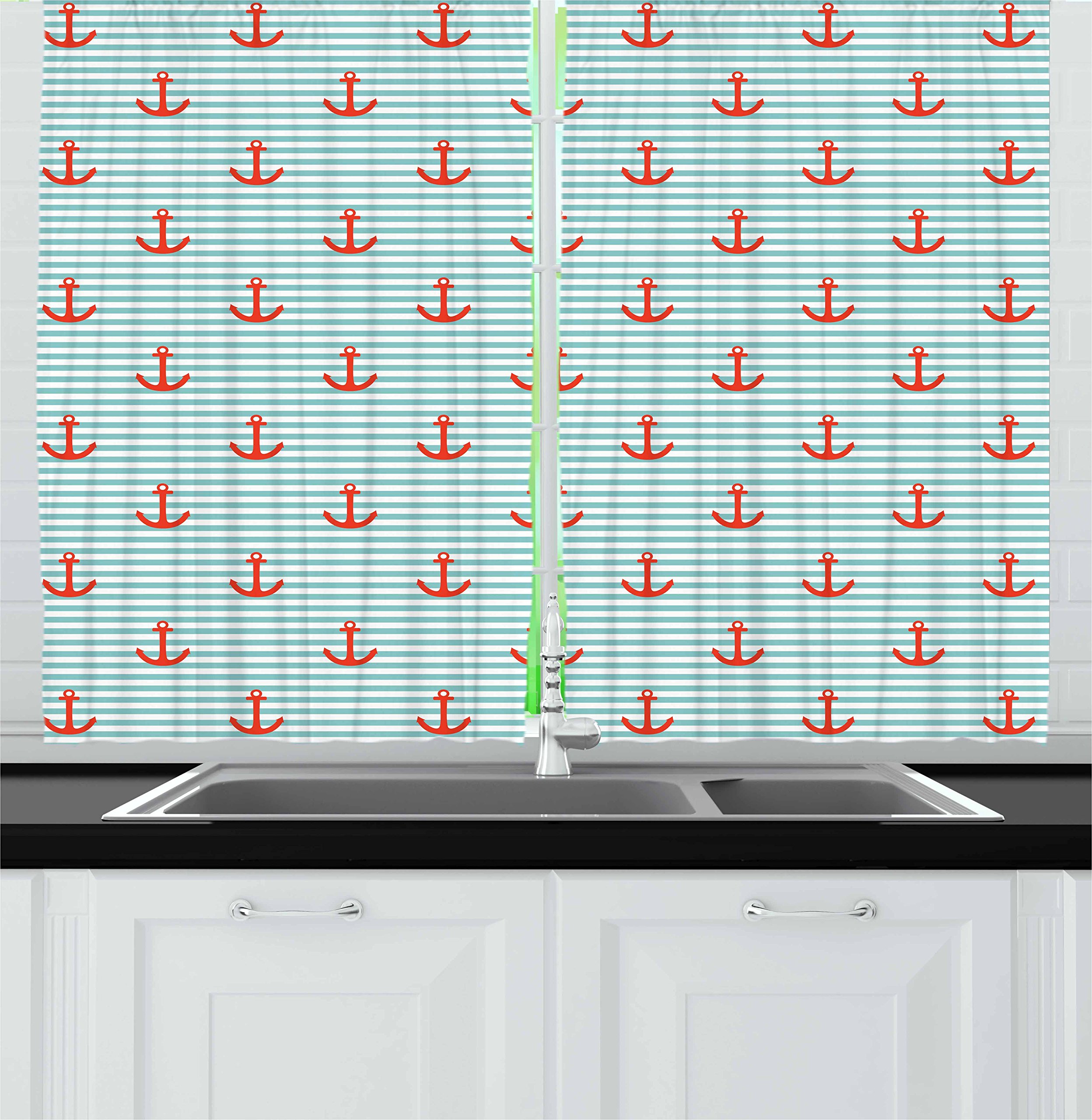 Ambesonne Anchor Kitchen Curtains - Pastel Stripes with Monochrome Anchor Silhouettes, Navy Blue Window Drapes 2 Panel Set for Coastal Kitchen & Cafe Decor, 55 x 39 Inches, Vermilion Turquoise White - Perfect for Beach House, Nautical Themed Rooms & Seaside Restaurants