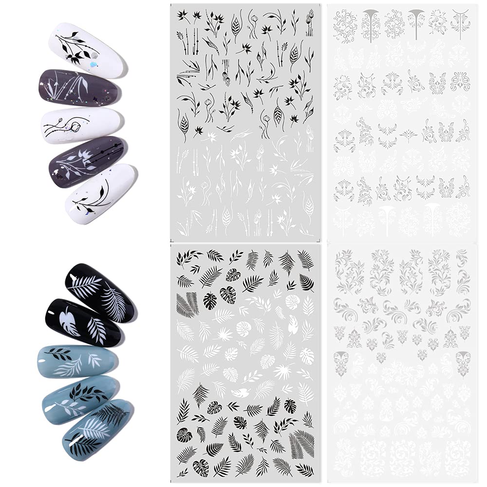 3D Self-Adhesive Nail Stickers - Black & White Floral Vine Leaf Nail Art Decals for Girls, DIY Nail Design Decorations | Perfect for Nail Salons, Home Manicures & Party Nail Art