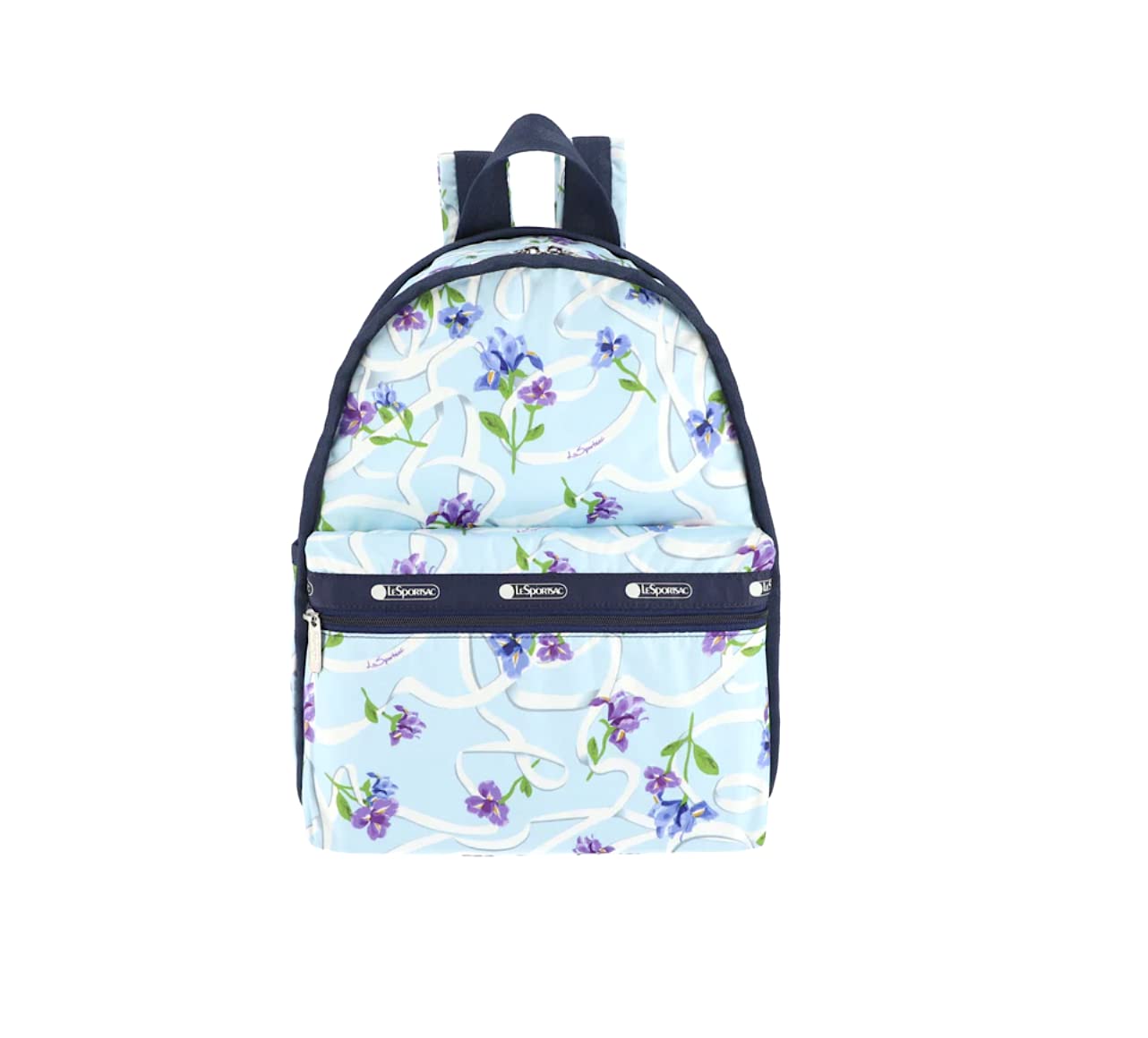 LeSportsac Ribbons Of Hope Basic Backpack - Stylish 7812 Design in Artful Indigo & Violet Iris Flowers with White Ribbons | Perfect for School, Travel & Cancer Awareness | G823 Color in Dreamy Aqua Blue