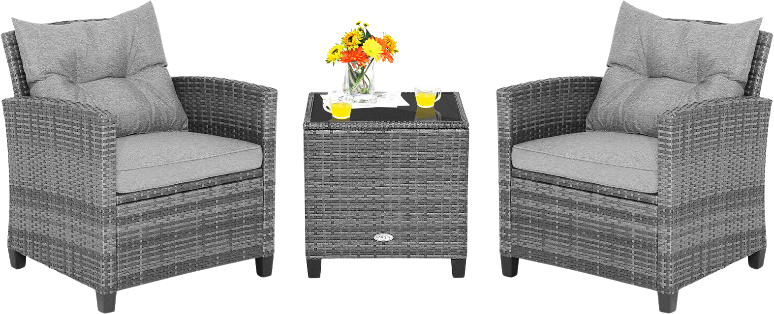 Costway 3-Piece Outdoor Patio Furniture Set with Wicker Rattan & Tempered Glass Tabletop - Perfect for Garden, Backyard, Poolside & Balcony Relaxation