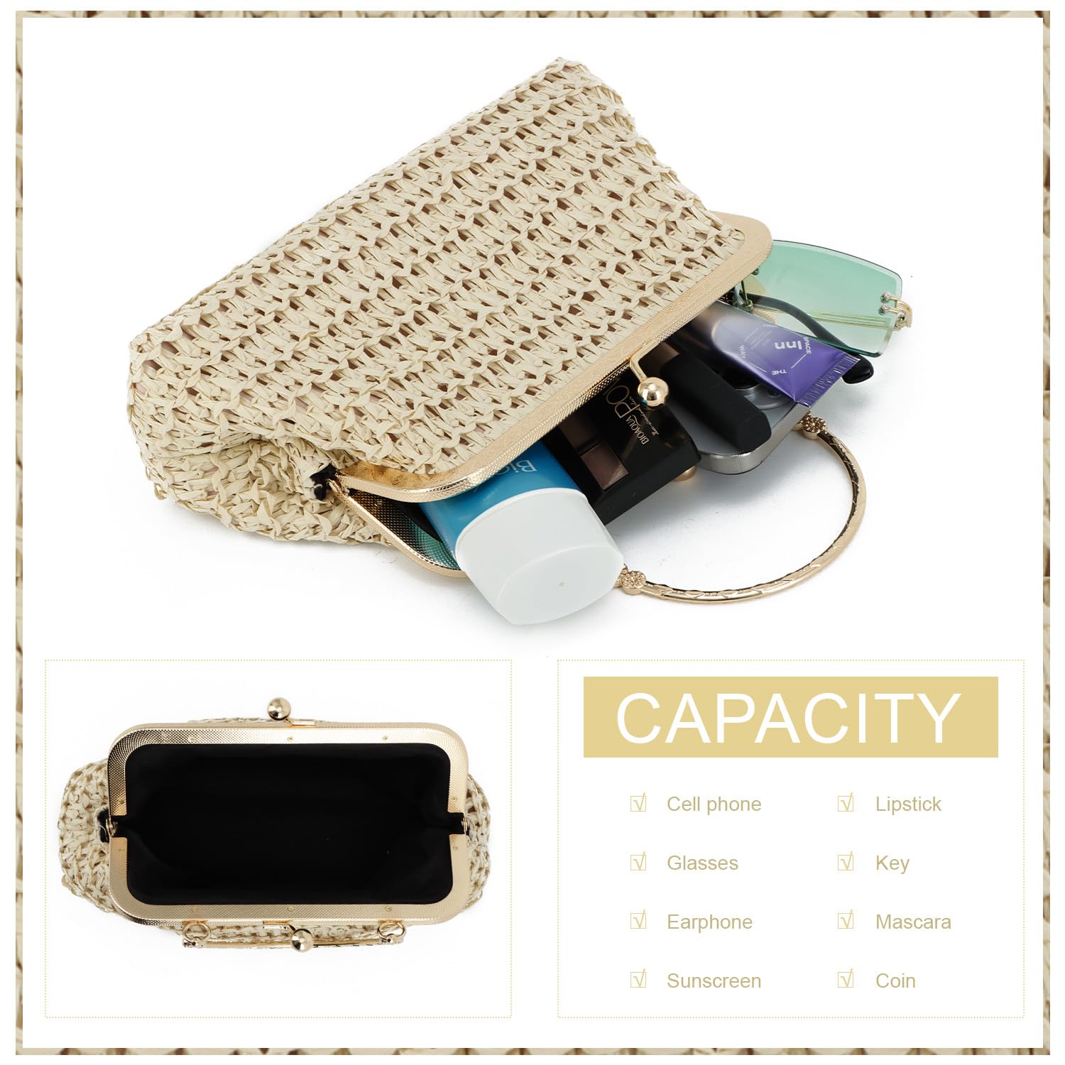 KUANG! Women's Woven Straw Clutch Handbag - Elegant Evening Purse & Summer Beach Shoulder Bag | Perfect for Weddings, Parties, Vacations & Boho Fashion