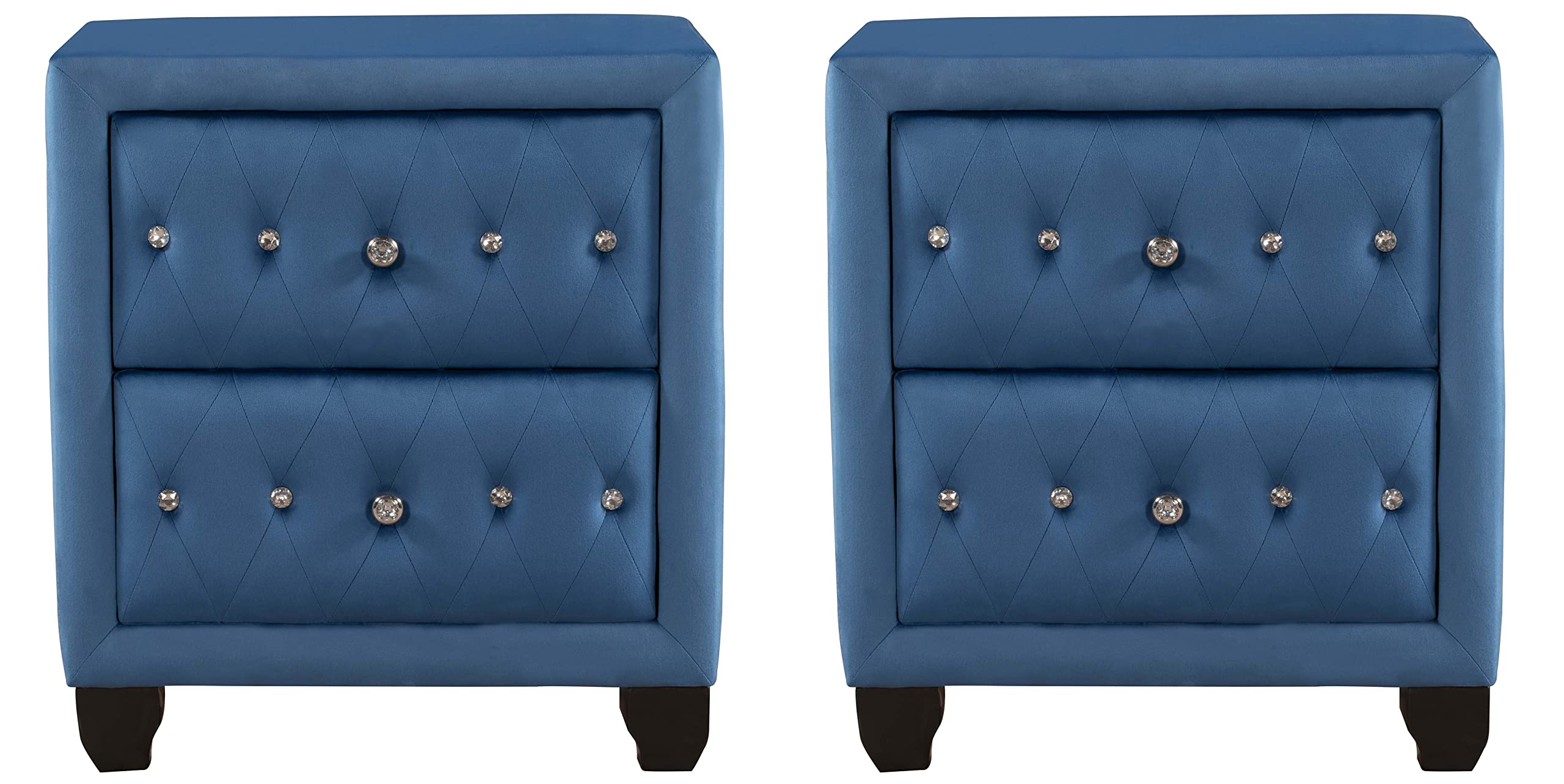 Melpomene Velvet Upholstered Nightstand Set of 2 - Elegant Bedside Tables with 2 Drawers & Crystal Tufted Design, Blue Velvet Finish (Perfect for Master Bedroom, Guest Room or Apartment Decor)