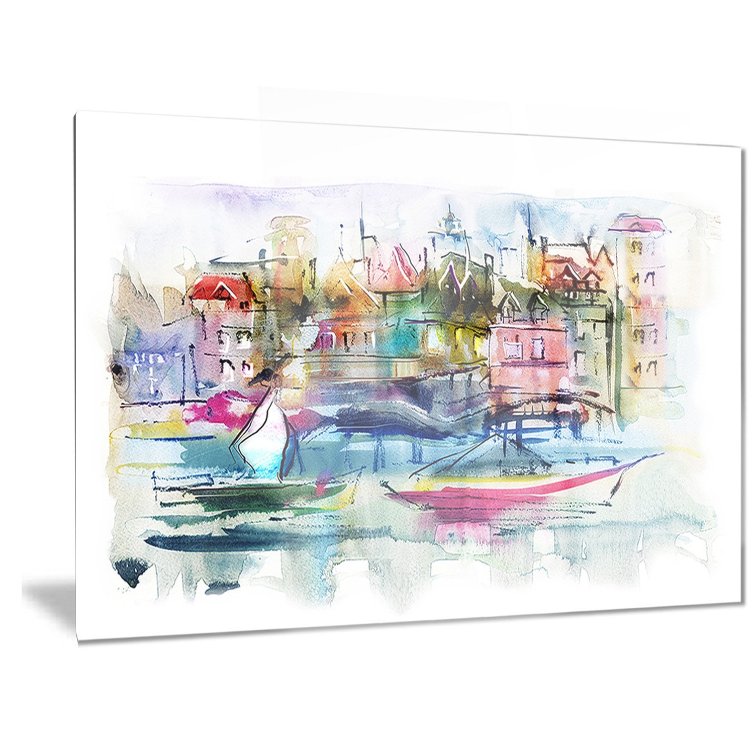 Designart Abstract Landscape Metal Wall Art - Houses and Boats Modern Decor - 28x12 Inches - MT6651 - Perfect for Living Room, Bedroom, or Office Wall Decor