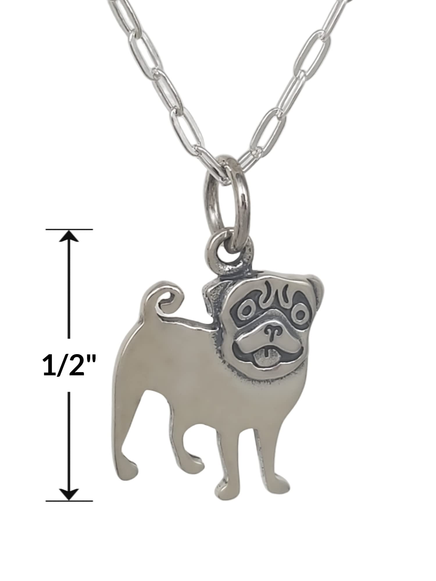 Sterling Silver Pug Silhouette Flat Charm Necklace - 18 Inch Dainty Dog Jewelry for Women - Perfect Gift for Pet Lovers & Everyday Wear