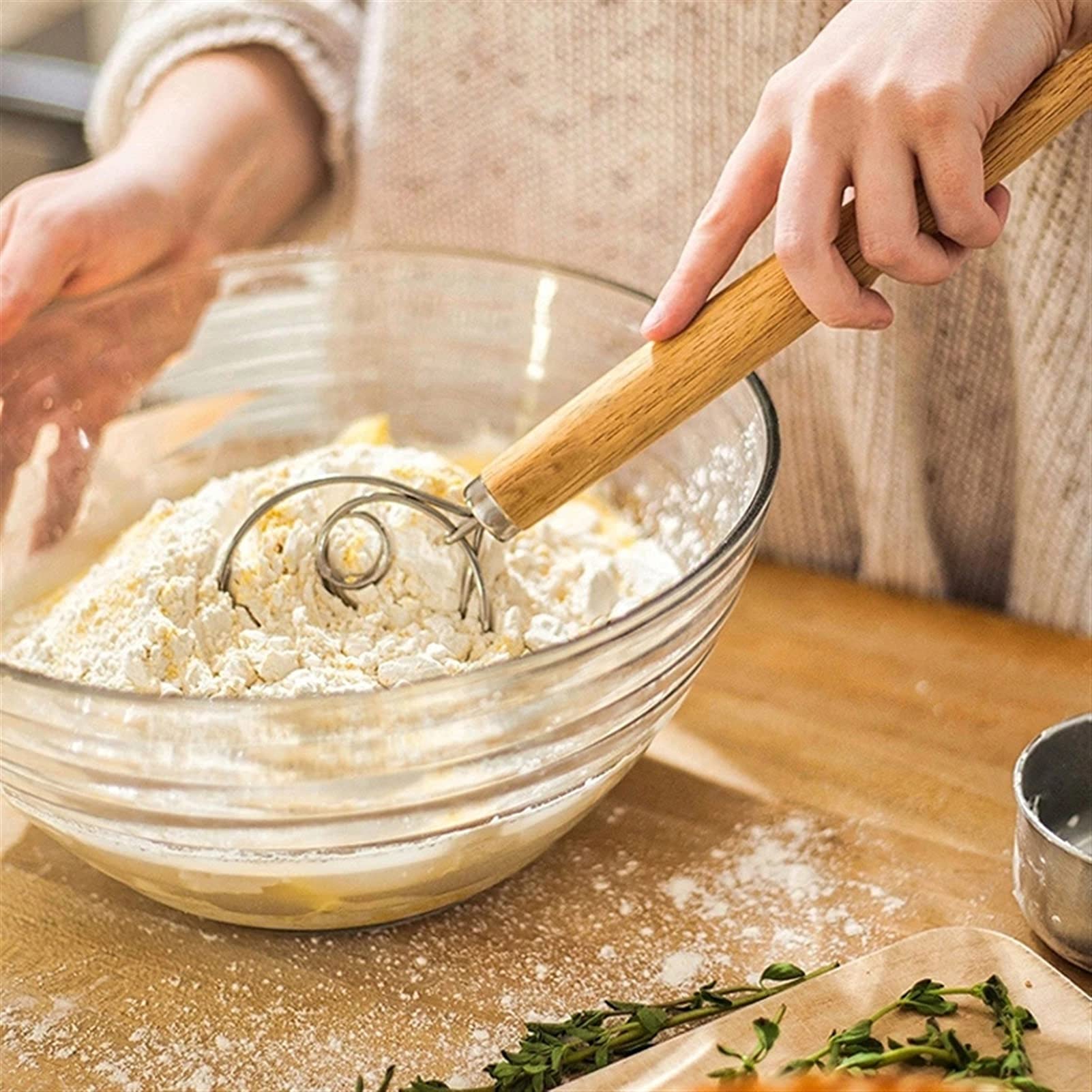 Stainless Steel Dough Whisk with Wooden Handle - Heavy Duty Bread & Pastry Mixer, Egg Beater & Baking Tool for Homemade Pizza, Cookies & Artisan Breads | Perfect for Bakers & Home Kitchen Use