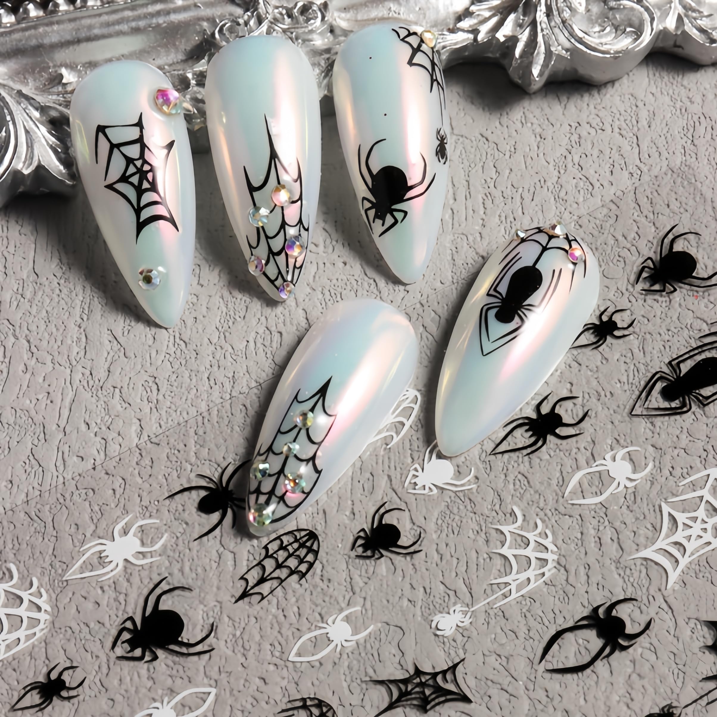 6 Sheets Halloween Spider Web Nail Stickers - Black, White, Red 3D Self-Adhesive Glitter Nail Art Decals for Women & Girls | Perfect for Halloween Parties, Costume Nails & Spooky Nail Designs