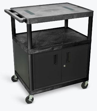 Luxor Black Endura Cart with 3 Shelves & Cabinet - Heavy Duty Rolling Utility Cart for Kitchen, Office, or Workshop Storage & Organization