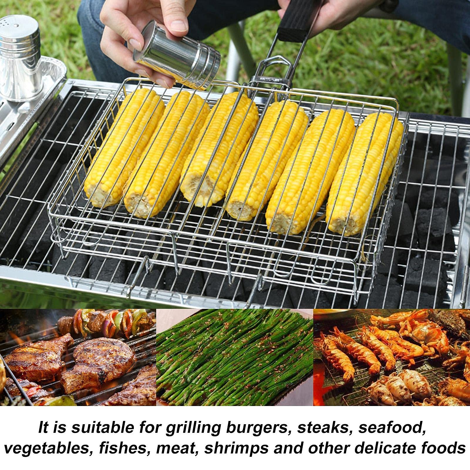 Stainless Steel BBQ Grill Basket - Large 3-Notch Fish Grilling Basket with Anti-Scalding Handle, Portable & Removable with Carry Bag - Perfect for Outdoor Camping, Picnics, and Backyard Barbecues
