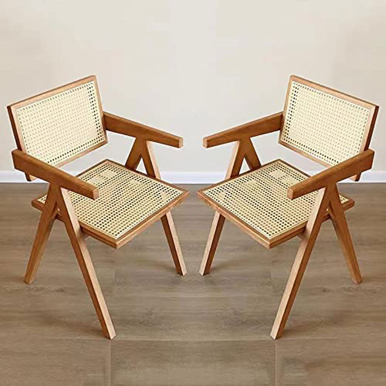 Handmade Teak Wood Rattan Dining Chair Set of 2 - Outdoor Indoor Accent Armchair with Mesh Backrest for Living Room, Bedroom, Garden & Patio - Perfect for Relaxing, Dining & Entertaining