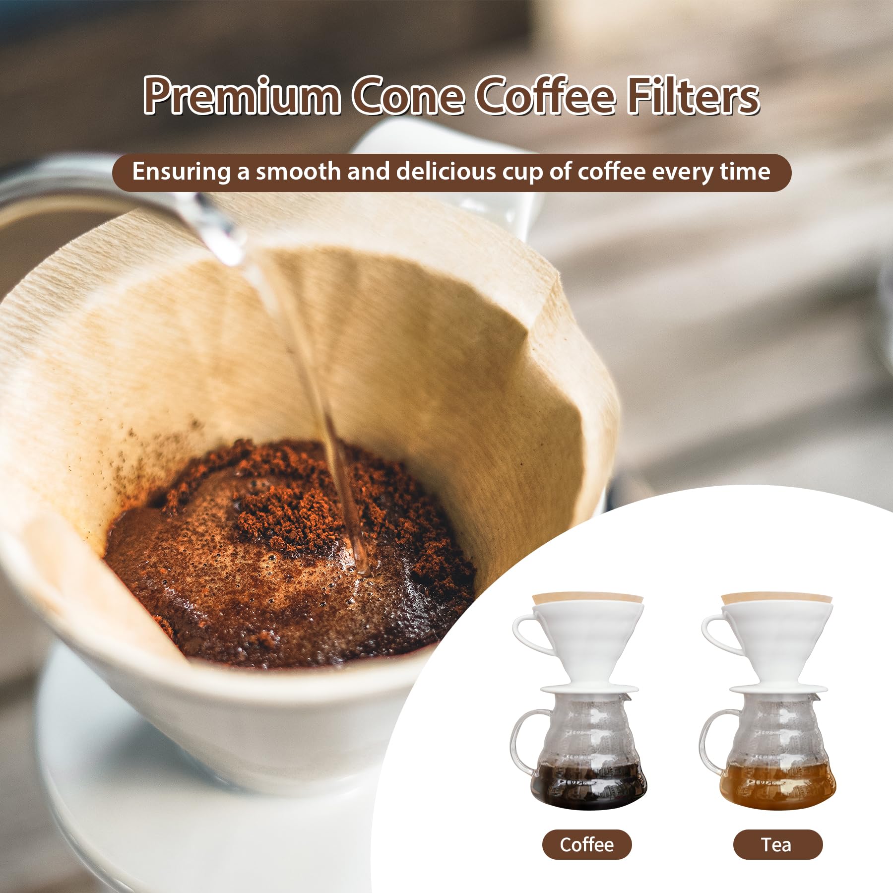 #4 Cone Coffee Filters - 300 Count, Natural Brown Paper for Pour Over & Drip Coffee Makers - Perfect for Home & Office Brewing