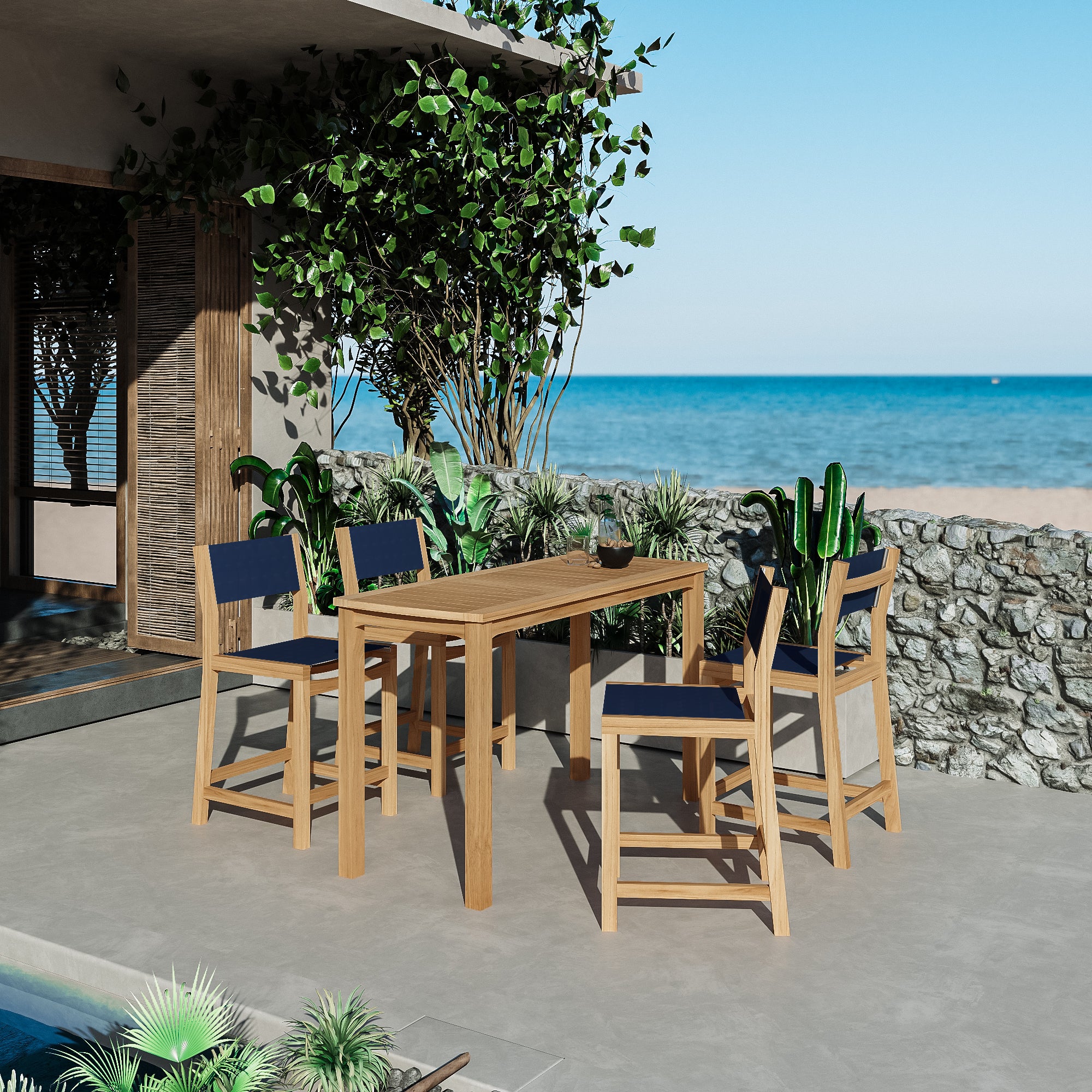Premium 5-Piece Teak Outdoor Dining Set - Rectangular Counter Height Table with 4 Chairs in Blue - Perfect for Patio, Deck, and Garden Entertaining