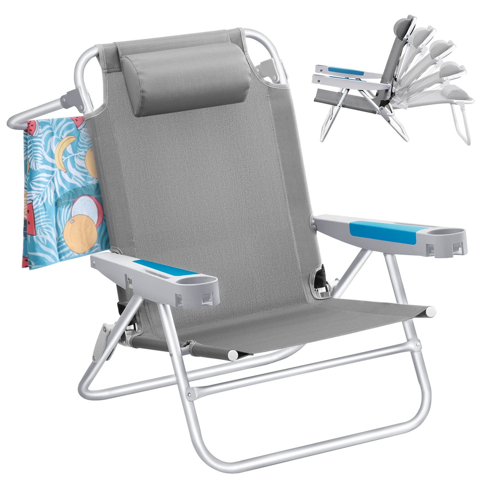 ICECO Heavy Duty Folding Beach Chair for Adults - 5 Position Reclining Portable Outdoor Chair with Cup Holder - 350lb Capacity for Beach, Camping, Lawn, Picnic, Backyard & Travel