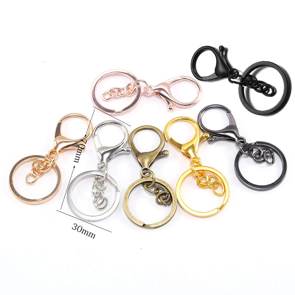 6 Colors 30mm Keychain Ring with 70mm Lobster Clasp - 5pcs Bulk Pack (Gold Plated) - Jewelry Making Supplies & DIY Keychain Accessories for Home, Office, Travel Organization