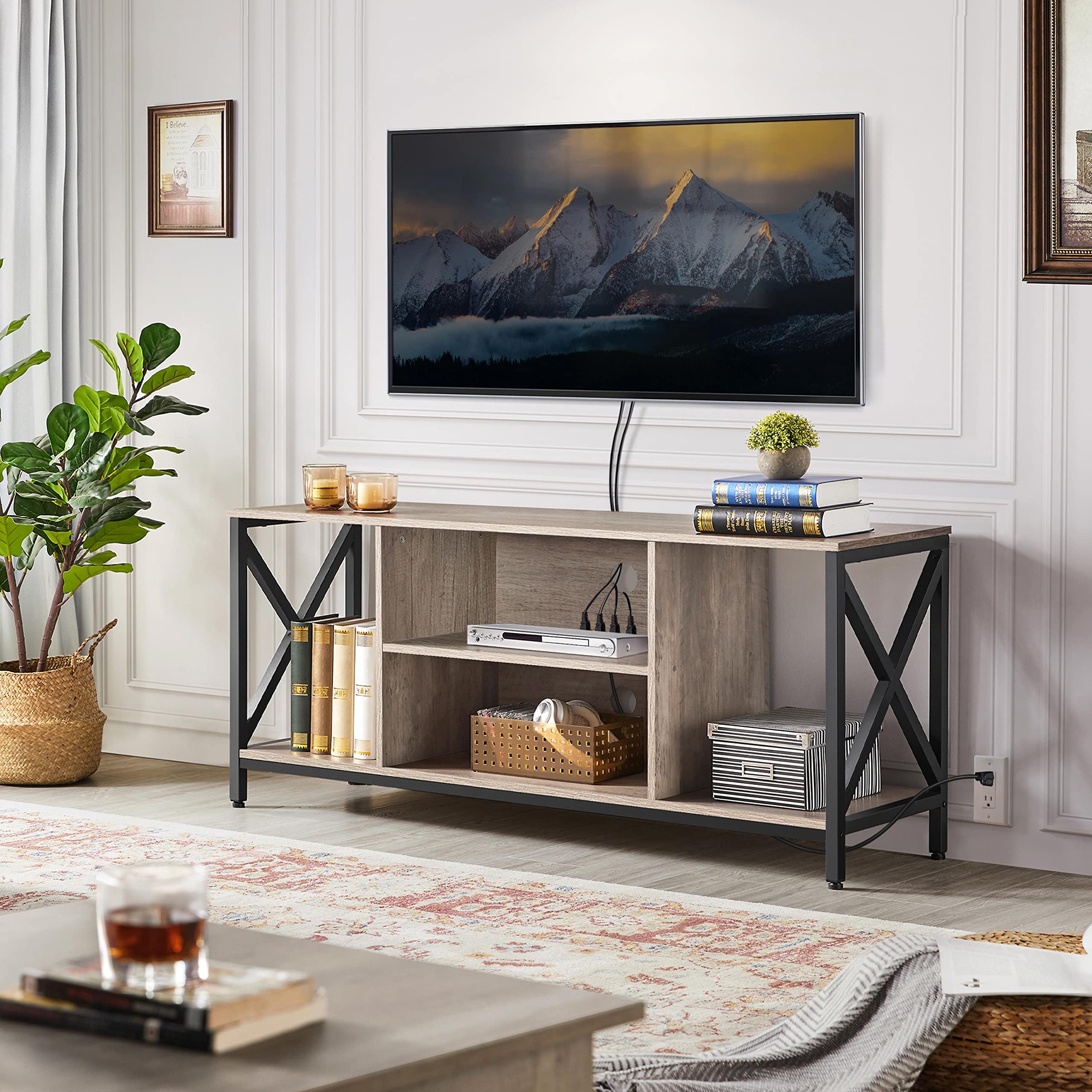 Yaheetech 65 Inch TV Stand with Power Outlets, Industrial Style Entertainment Center & Media Console with Open Storage Shelves - Modern TV Cabinet for Living Room, Bedroom, Home Theater (Gray) - Perfect for Organizing Electronics & Enhancing Home Decor
