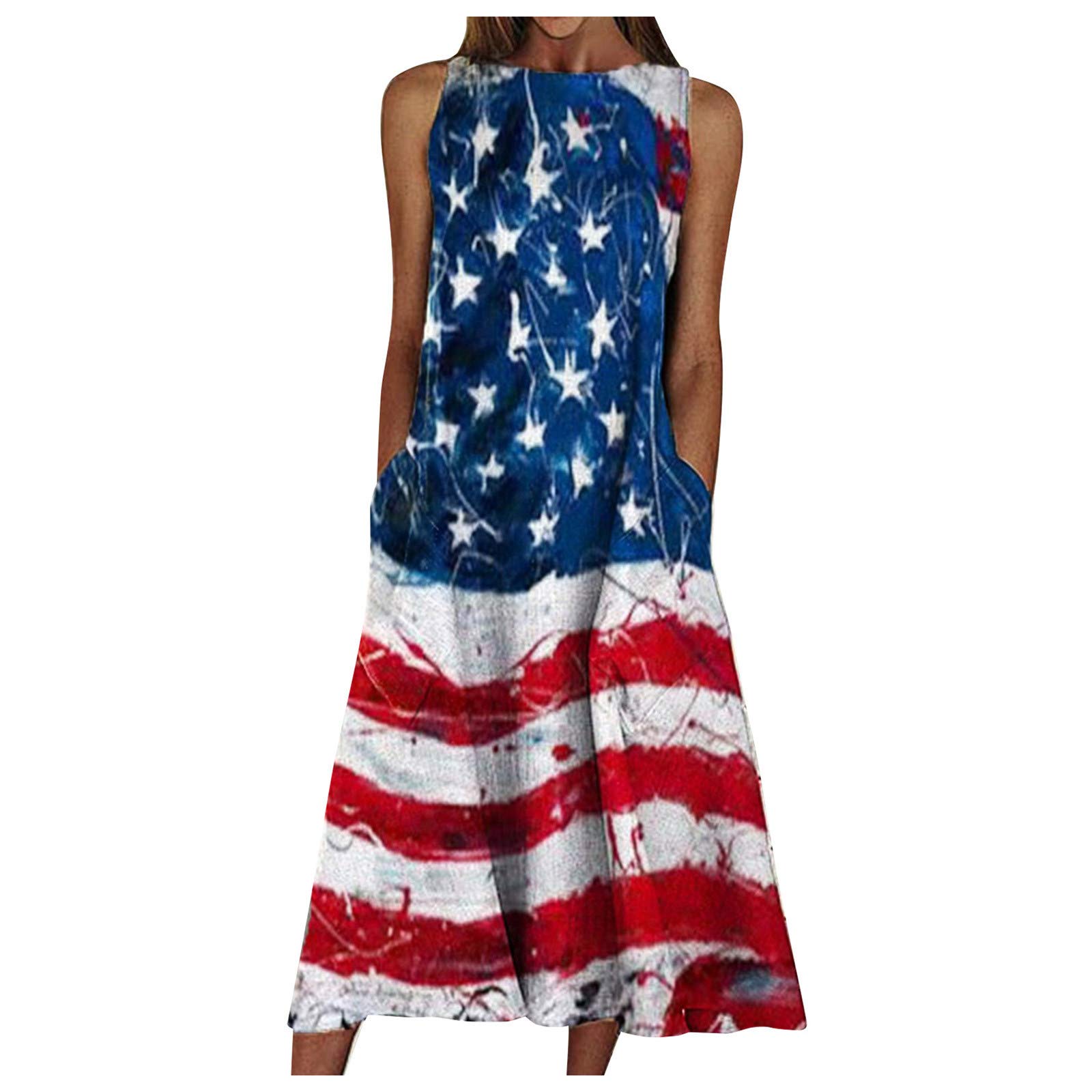 Women's Big Print Maxi Dress with Pockets - Round Neck Swing Beach Dress for Summer & Holiday - White Flowy Dress for Casual Outings, Vacations & Beach Parties