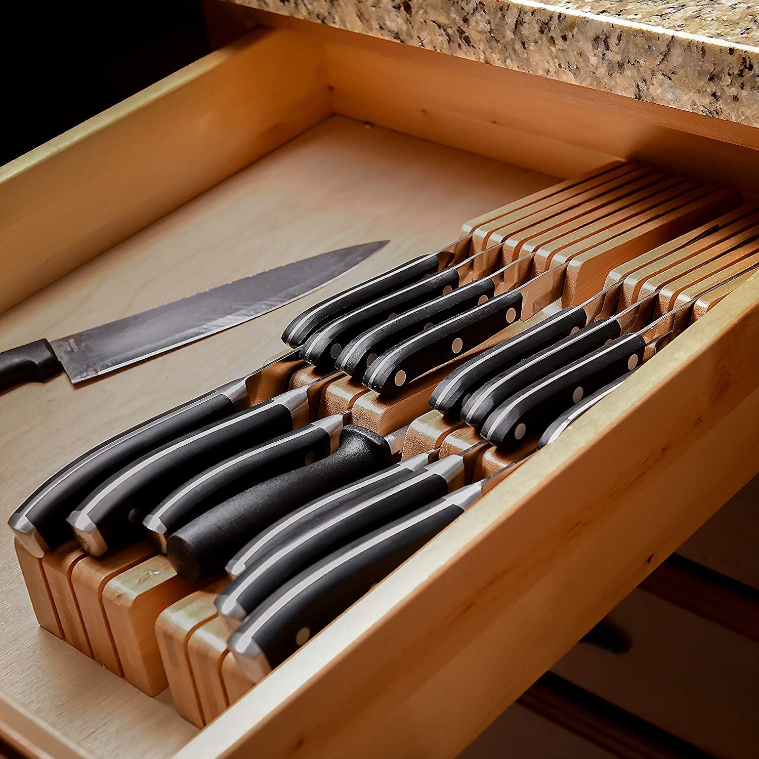 Premium Bamboo Drawer Knife Block Organizer - Holds 16 Knives with Built-in Sharpener Slot | 2