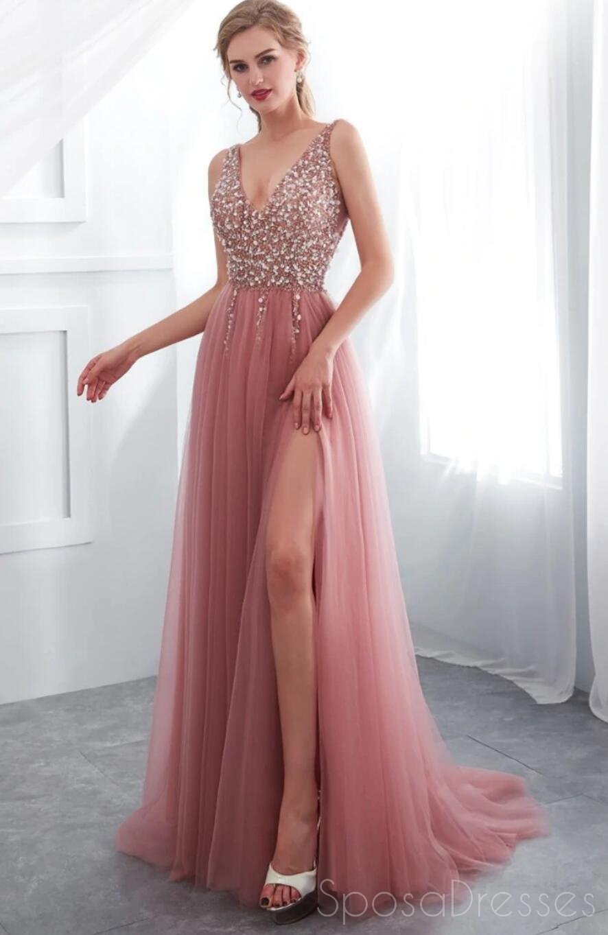 Elegant Dusty Pink V-Neck Beaded Long Evening Prom Dress with Side Slit | Custom Sweet 16 Dresses for Women | Perfect for Prom Night, Homecoming, Formal Events & Special Occasions