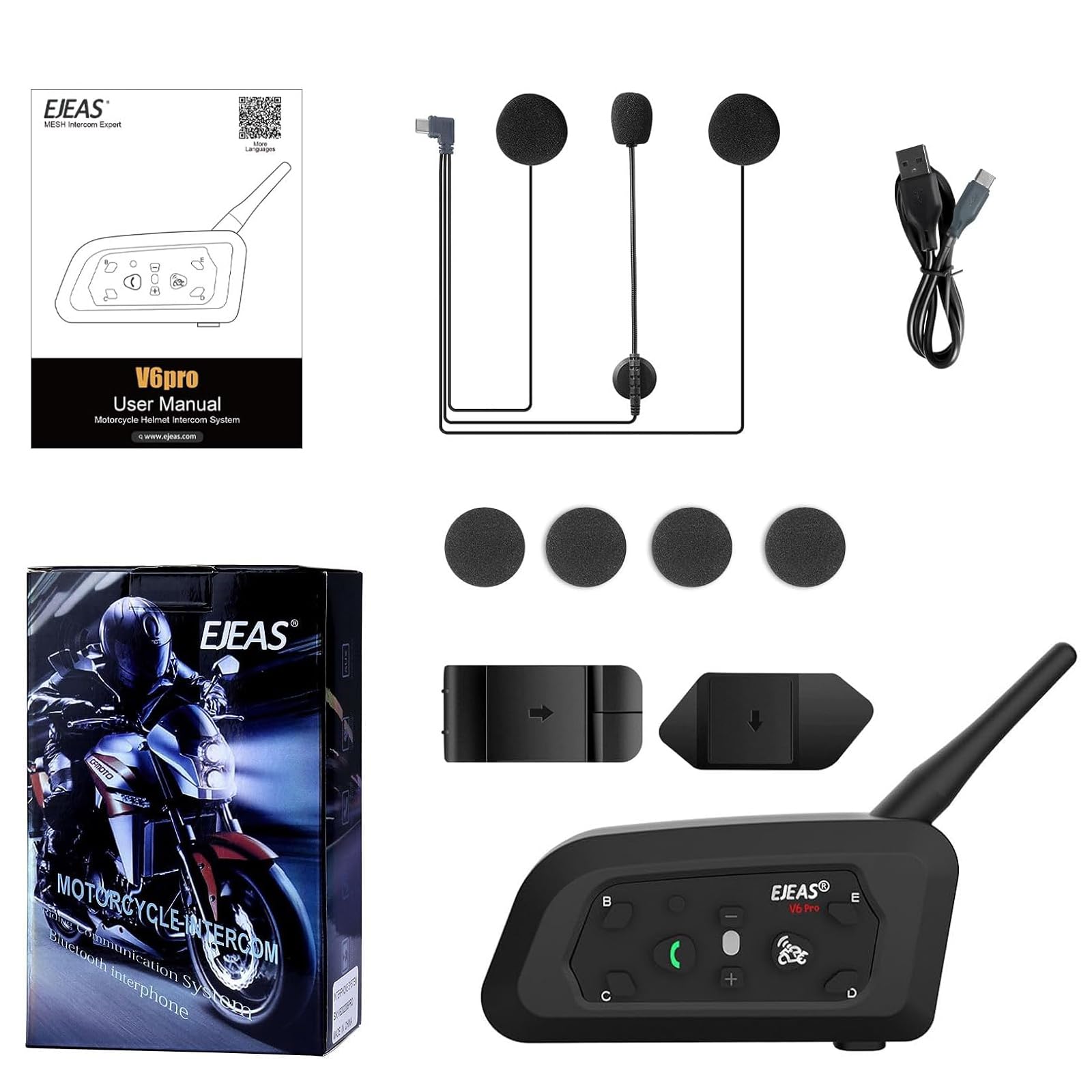 EJEAS V6 Pro Motorcycle Bluetooth Helmet Headset - 1200M Range, 6-Way Intercom, Full Duplex Wireless Communication for Motorcycling, Skiing & Climbing - Ideal for Group Rides, Outdoor Adventures & Extreme Sports (1 Pack)
