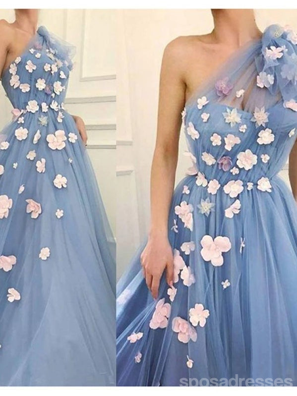 Floral Blue A-Line One Shoulder Long Prom Dresses for Women - Elegant Formal Evening Gowns for Homecoming, Wedding Guest & Special Occasions