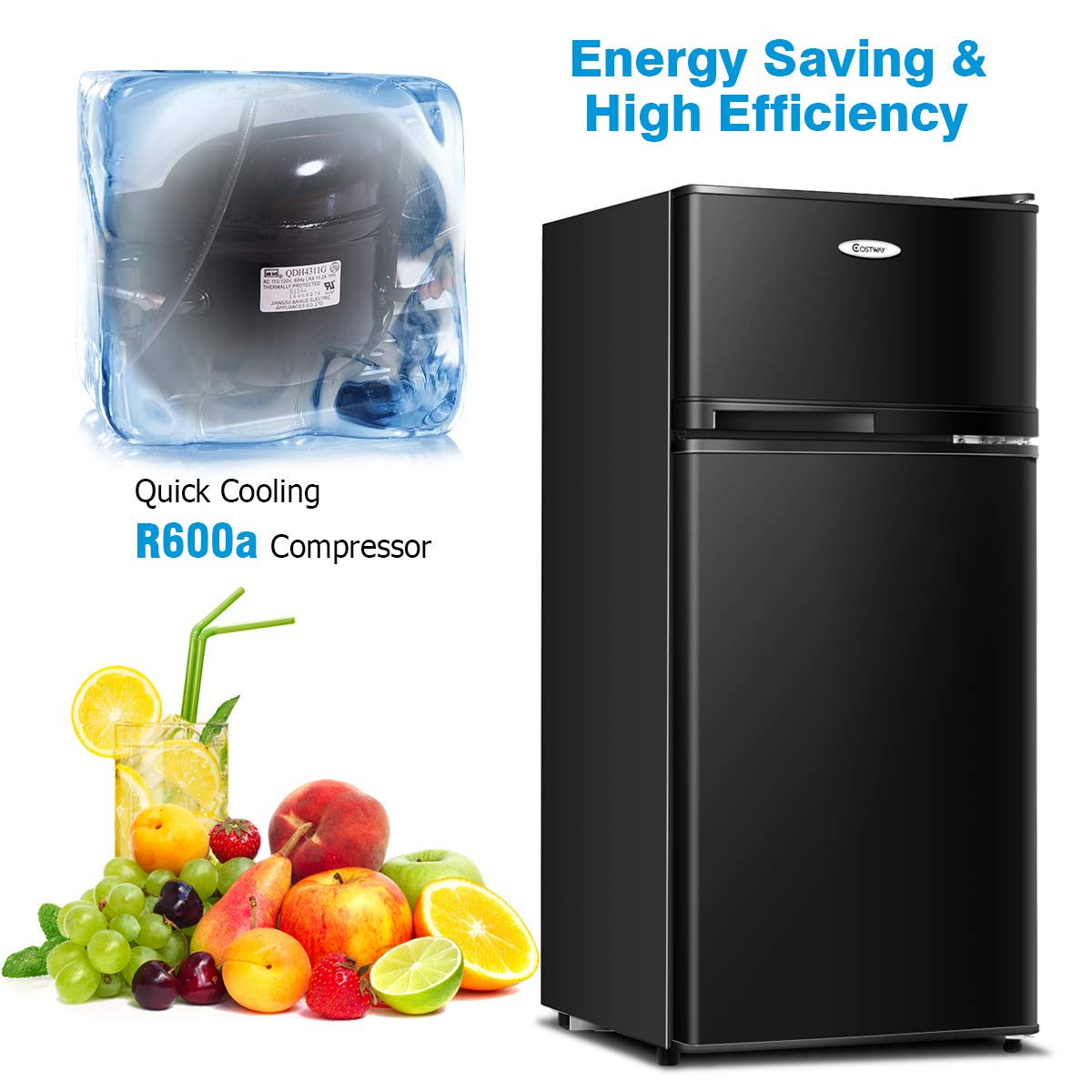 COSTWAY 3.4 Cu. Ft Compact Refrigerator with Adjustable Glass Shelves & Freezer - Energy Efficient Mini Fridge for Dorm, Office, Apartment - Perfect for Small Spaces, Snack Storage & Beverage Cooling (Black)