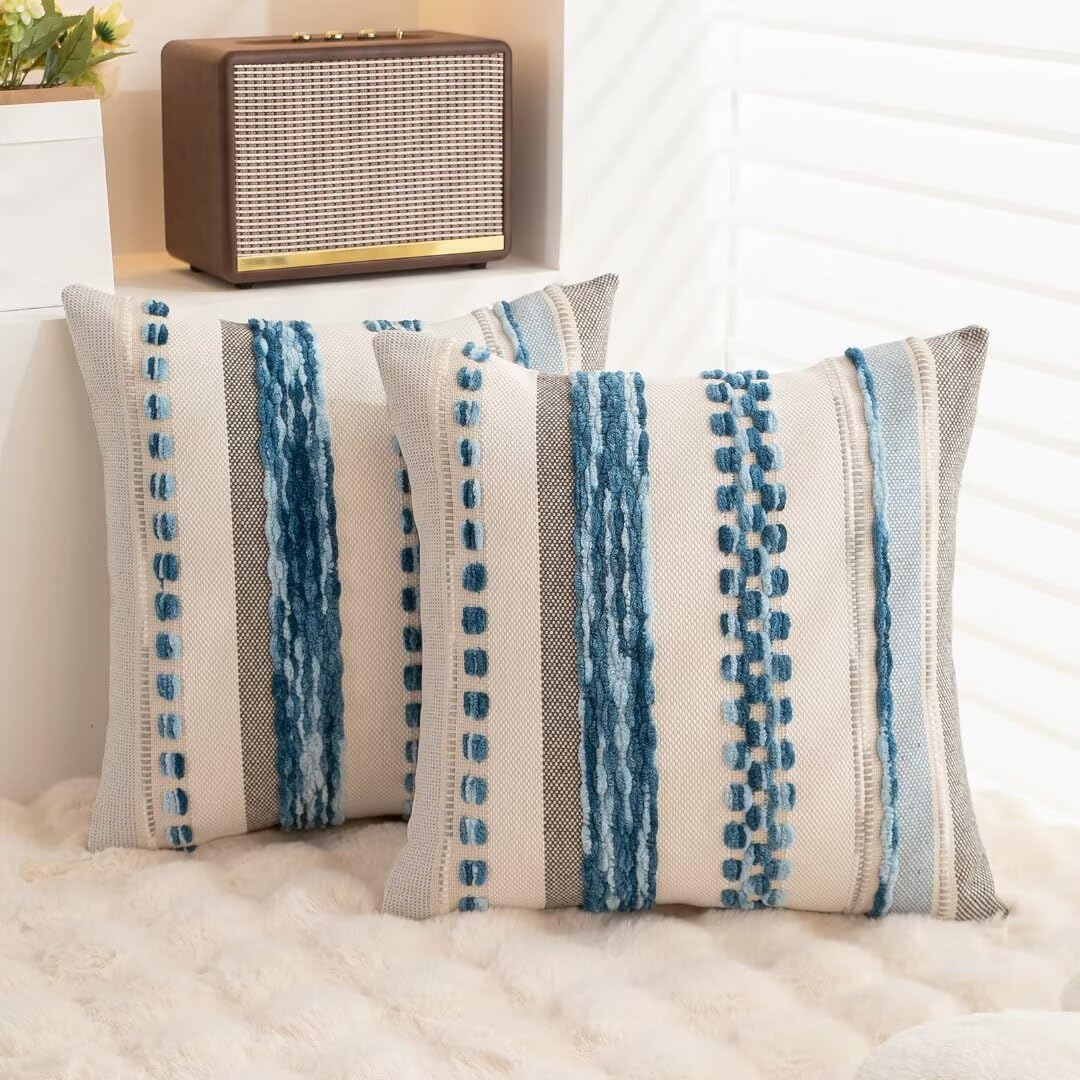 Boho Throw Pillow Covers 18x18 Inch Set of 2 - Farmhouse Decorative Square Cushion Cases with Striped Chenille Design, Neutral Accent Pillow Covers for Sofa, Couch, Bedroom & Living Room Decor - Sky Blue