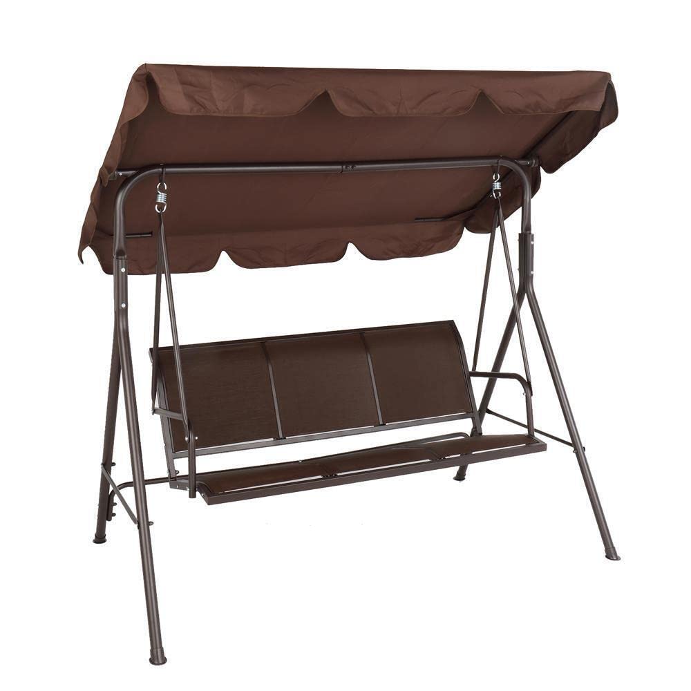3-Person Steel Outdoor Porch Swing Chair with Canopy & Cushion - Brown Patio Bench, Hammock Style Hanging Chair for Garden, Backyard, Deck - Weather-Resistant Durable Patio Seating for Relaxing & Lounging