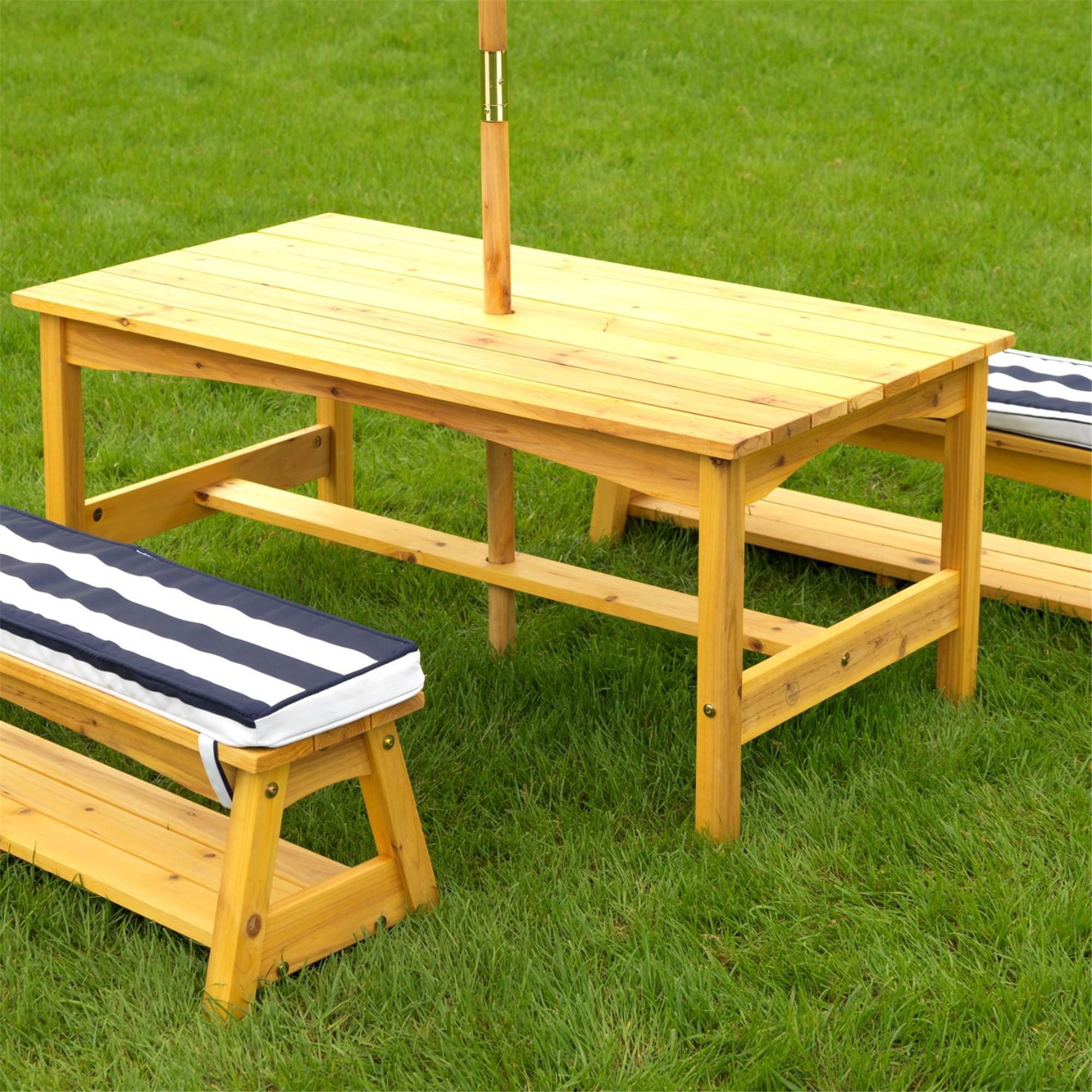 KidKraft Outdoor Table and Bench Set with Cushions & Umbrella - Navy & White Stripes - Perfect for Backyard, Patio, and Garden Playtime for Kids