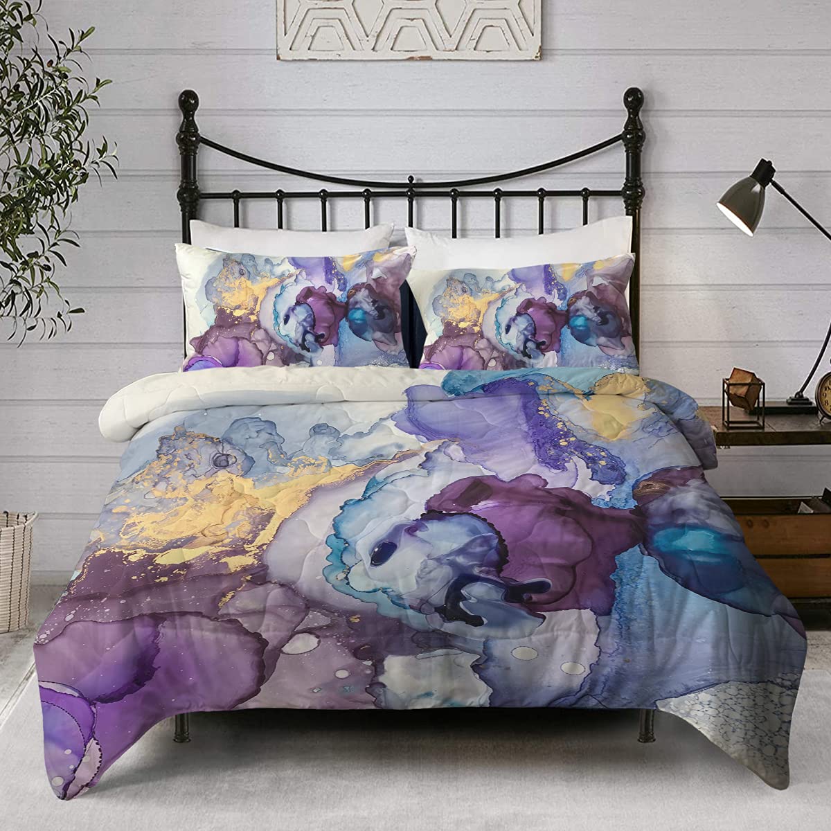 Vibrant Purple Blue Watercolor Tie Dye Comforter Set - Queen Size 3PC Bedding with Comforter & 2 Pillow Shams | Soft & Breathable for Cozy Bedroom Decor, Dorm Room Essentials, Boho Chic Home Styling