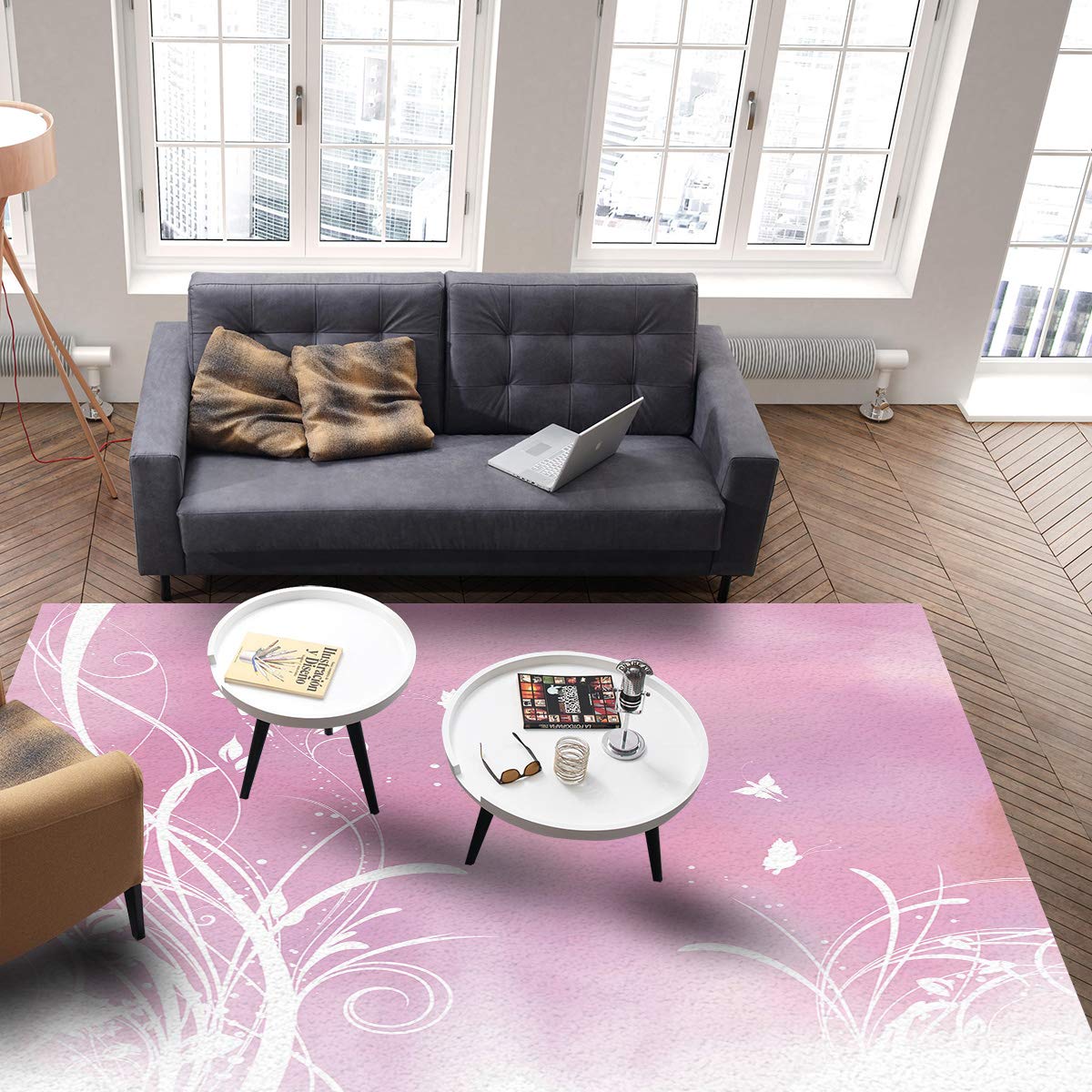 **Non-Slip 5x8 Feet Floral Butterfly Area Rug - Absorbent Soft Indoor Carpet for Living Room, Bedroom, Kitchen & Entryway - Pink Rectangle Floor Mat with Grass Silhouette Design (Home Decor & Cozy Accent)**