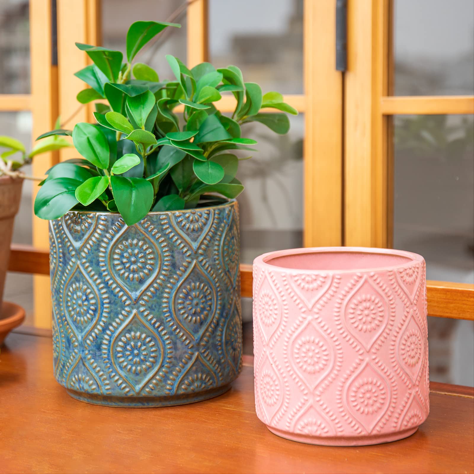 2Pcs Ceramic Plant Pots Set - 7 & 6 Inch Mid-Century Modern Planter for Indoor & Outdoor Plants (Blue & Pink) - Perfect for Home Decor, Office Desk, Garden & Patio