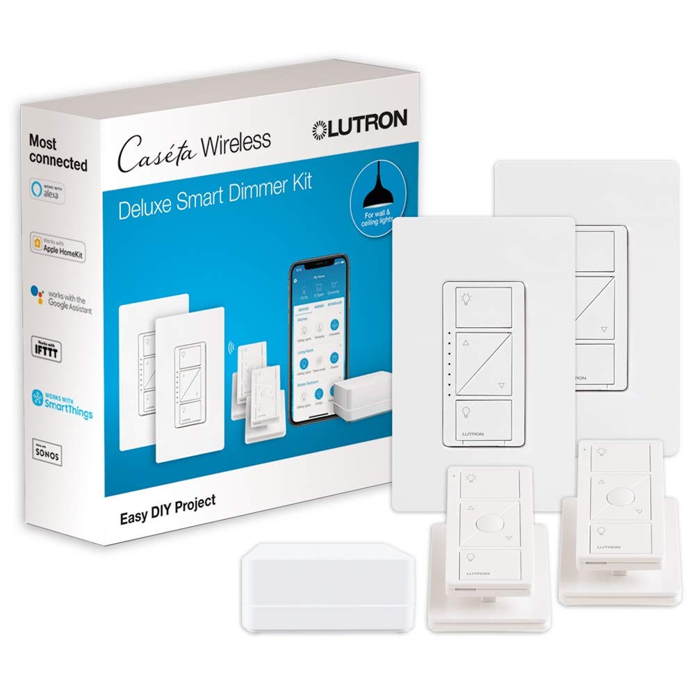 Lutron Caseta Smart Dimmer Switch Kit - 2 Dimmers, 2 Wall Plates, 2 Remotes, 2 Pedestals & Hub - Works with Alexa, Apple HomeKit, Google Assistant - 3-Way, 150W, No Neutral Required - Perfect for Smart Home Lighting Control in Living Room, Bedroom & Kitchen