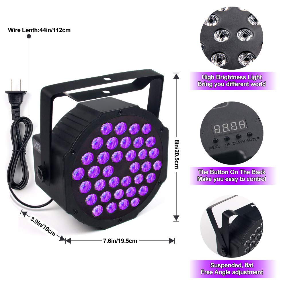 KOOT 72W UV Black Lights with 36 LED Strobe & DMX Remote Control - Glow in The Dark Party Lighting for DJ, Wedding, Church, Bar & Club Events | Stage Light for Halloween, Rave & Neon Dance Parties