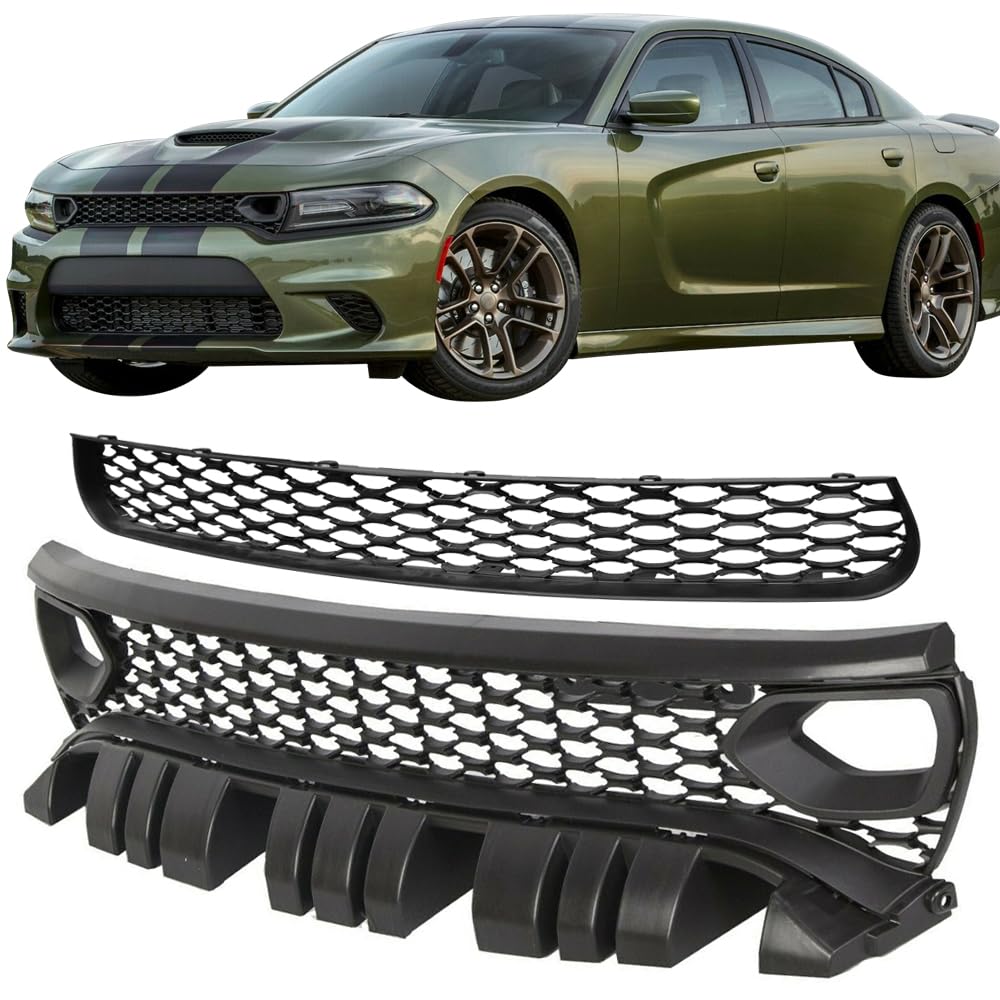 IKON MOTORSPORTS Upper & Lower Grilles for 2015-2023 Dodge Charger SRT/Scat Pack | Unpainted Black SRT Style Front Grille with Air Ducts | 2-Piece PP Construction | Perfect for Car Upgrades & Performance Enhancement